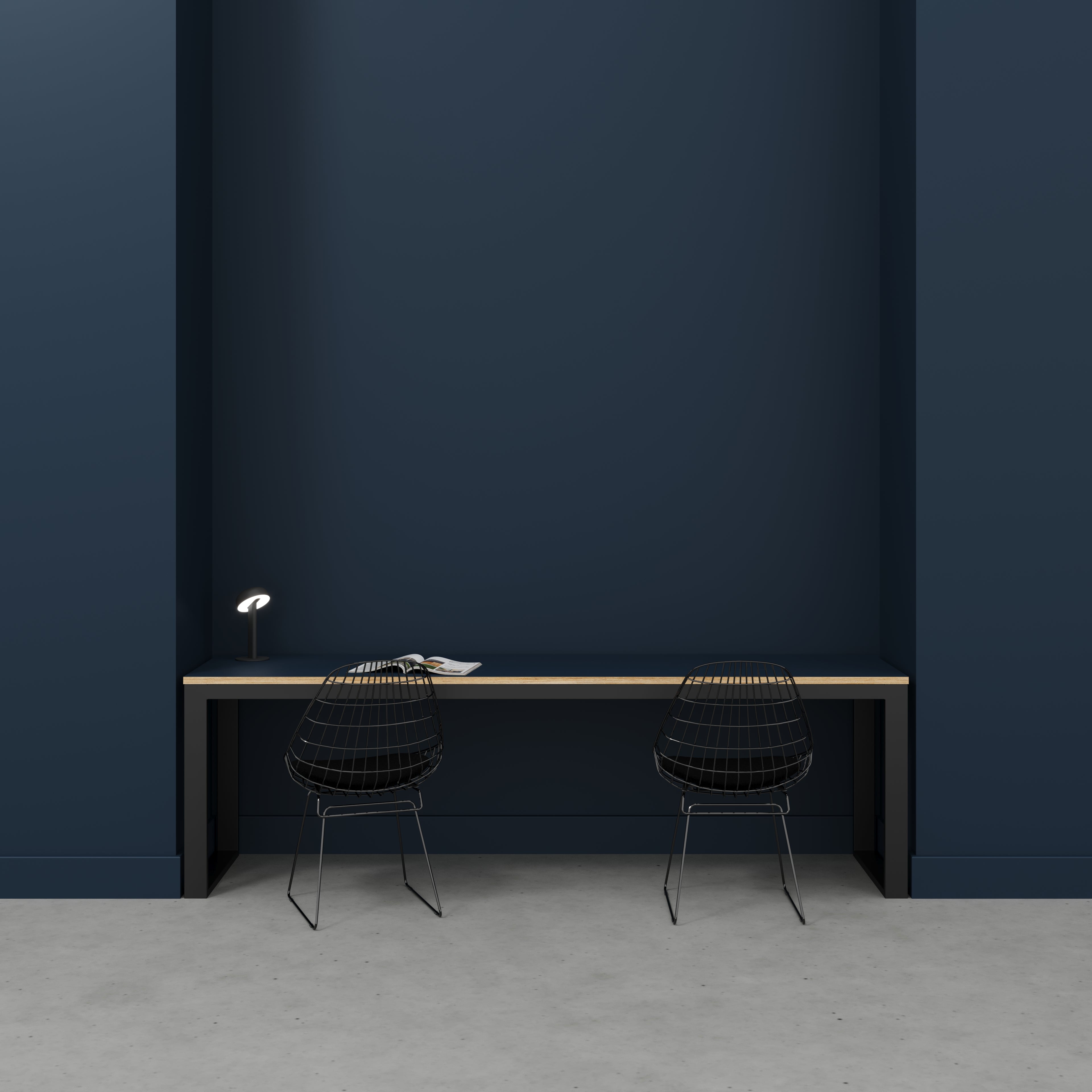 Desk with Black Industrial Frame - Formica Night Sea Blue - 2400(w) x 585(d) x 735(h)