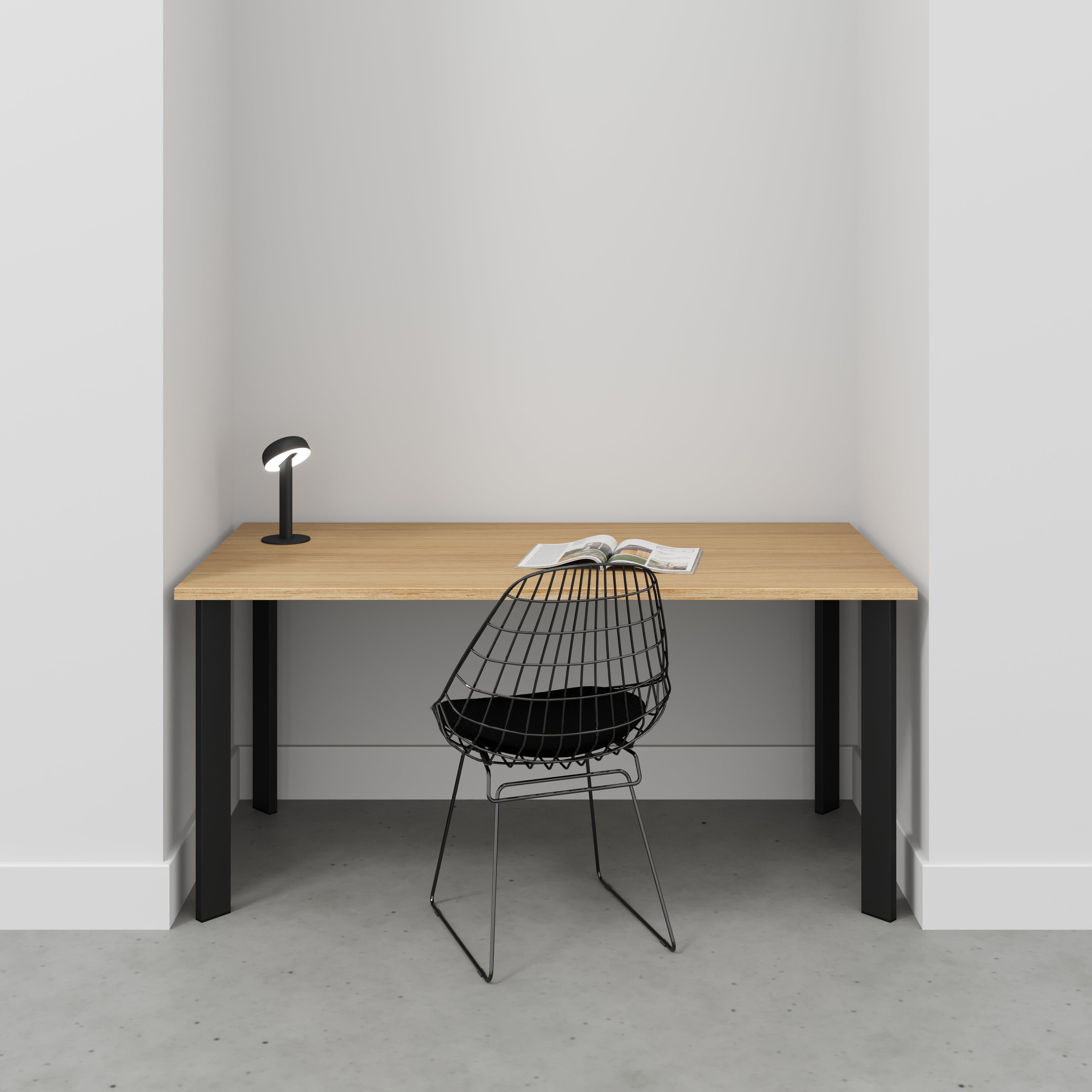 Desk with Black Rectangular Single Pin Legs - Plywood Oak - 1600(w) x 800(d) x 735(h)