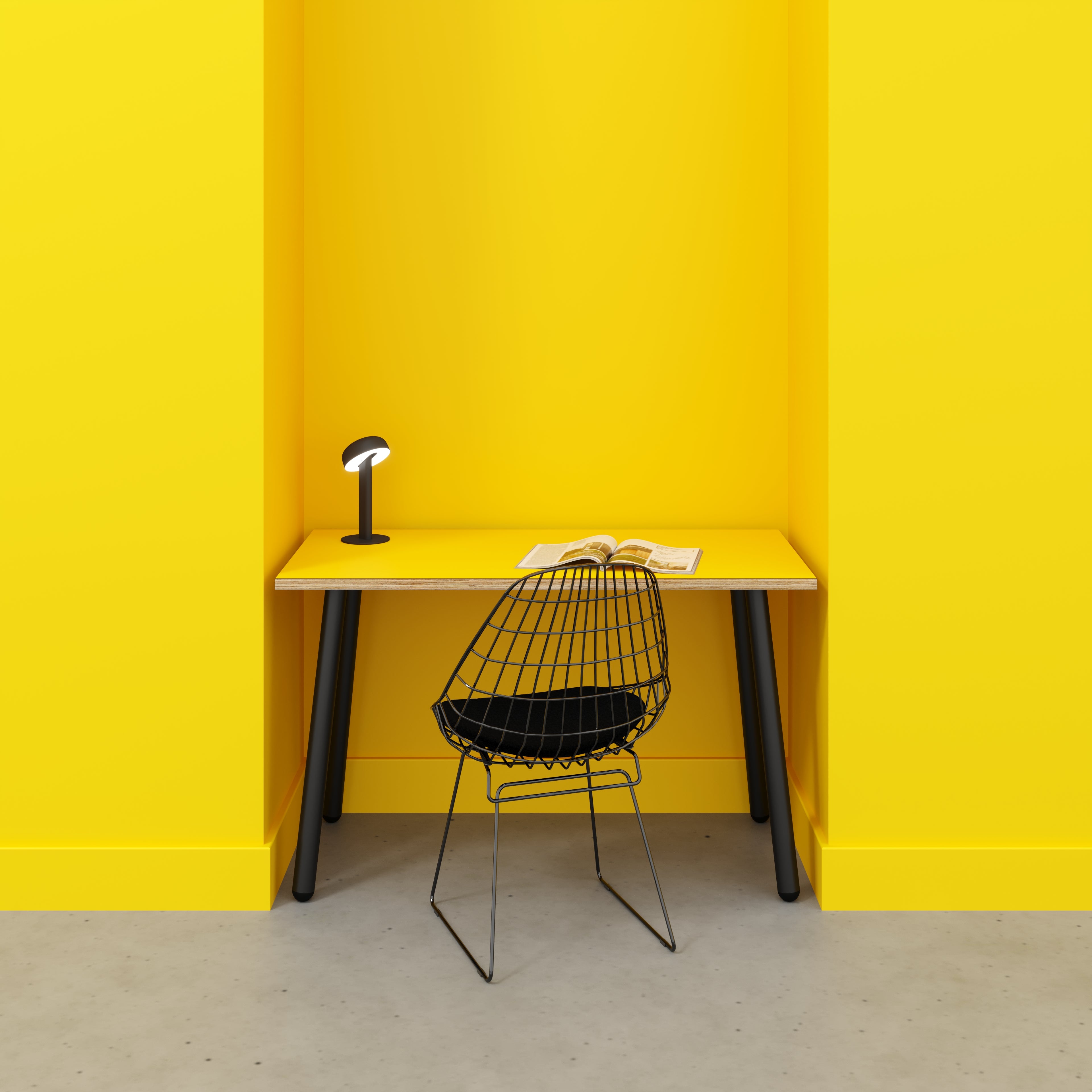 Desk with Black Round Single Pin Legs - Formica Chrome Yellow - 1200(w) x 600(d) x 735(h)