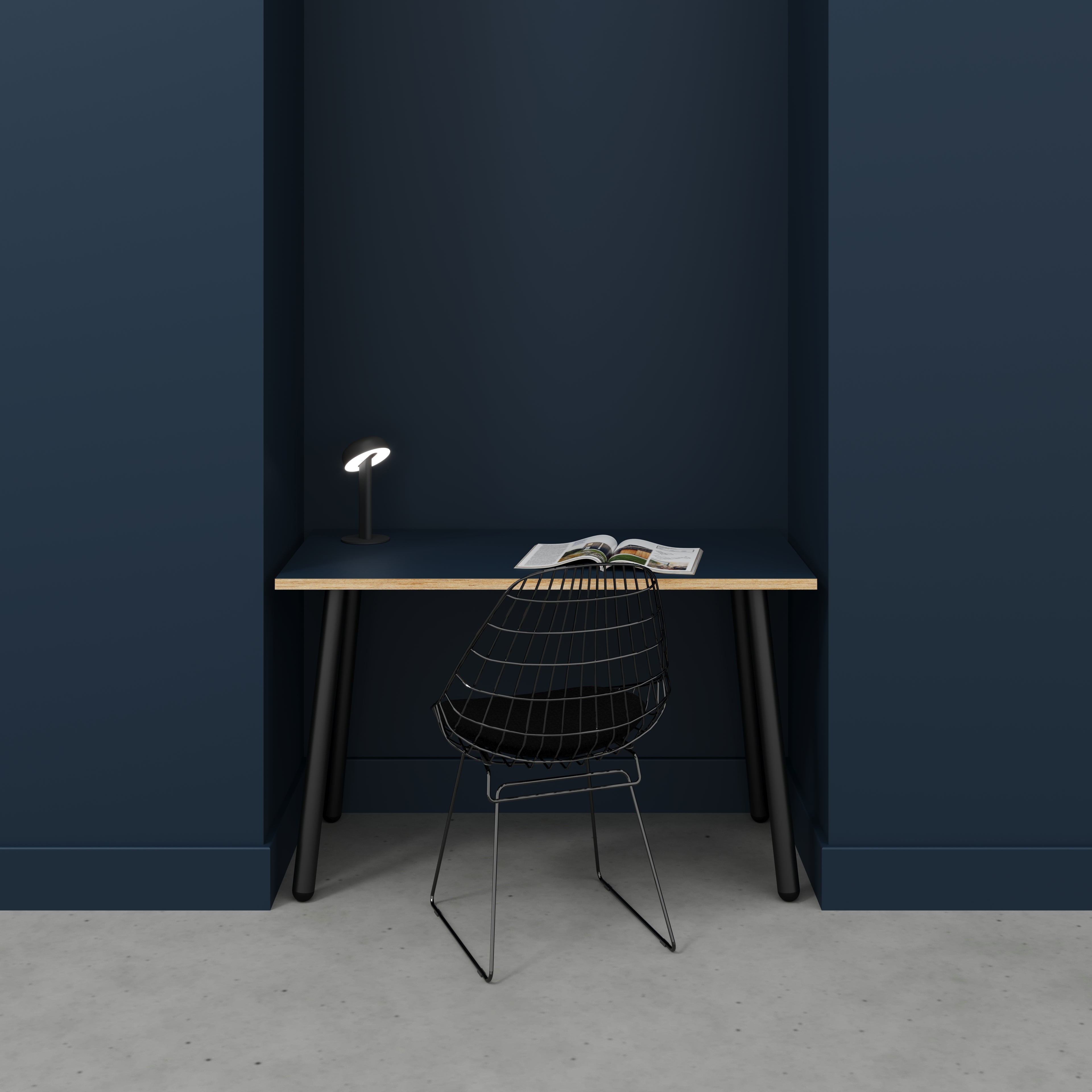 Desk with Black Round Single Pin Legs - Formica Night Sea Blue - 1200(w) x 600(d) x 735(h)