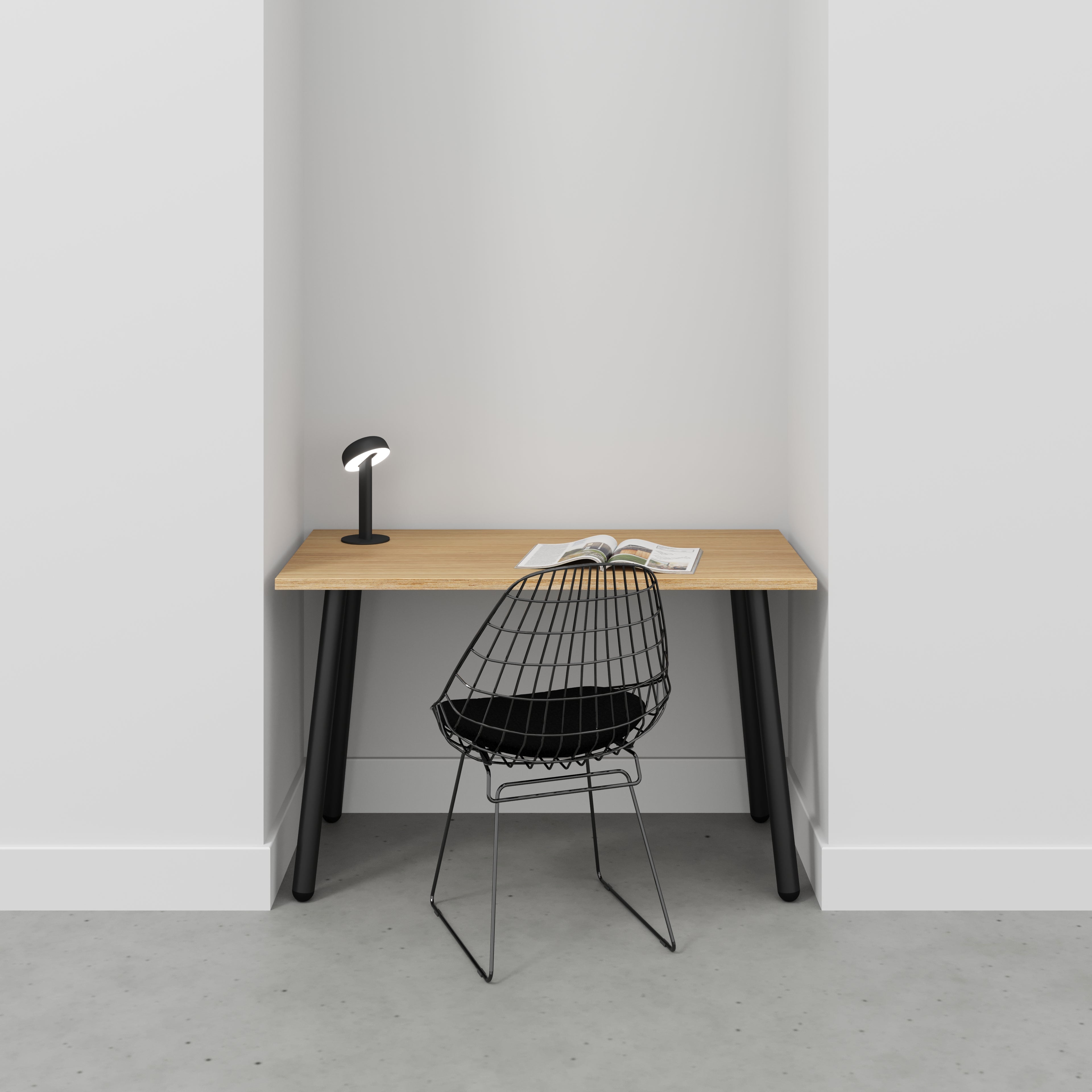 Desk with Black Round Single Pin Legs - Plywood Oak - 1200(w) x 600(d) x 735(h)