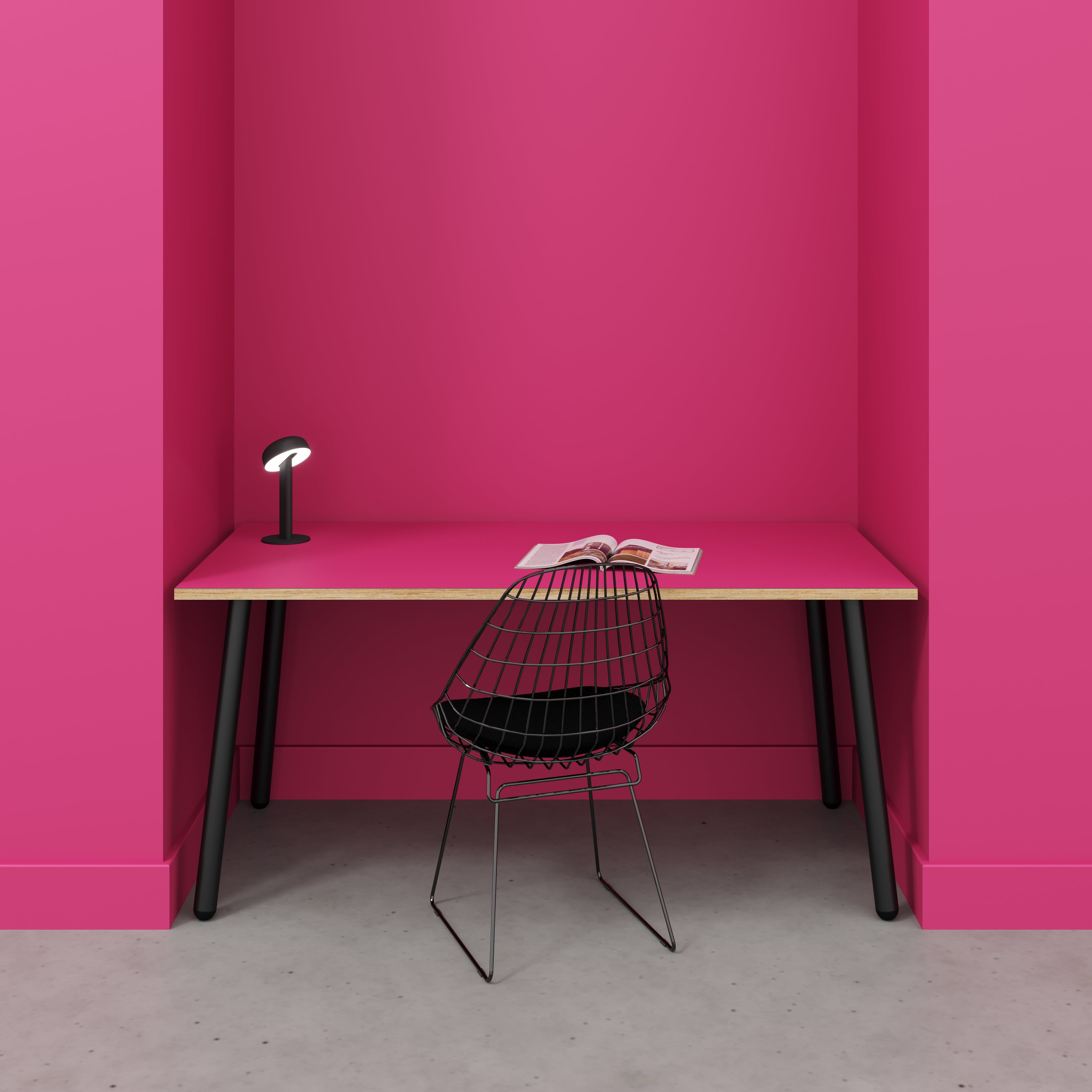 Desk with Black Round Single Pin Legs - Formica Juicy Pink - 1600(w) x 800(d) x 735(h)