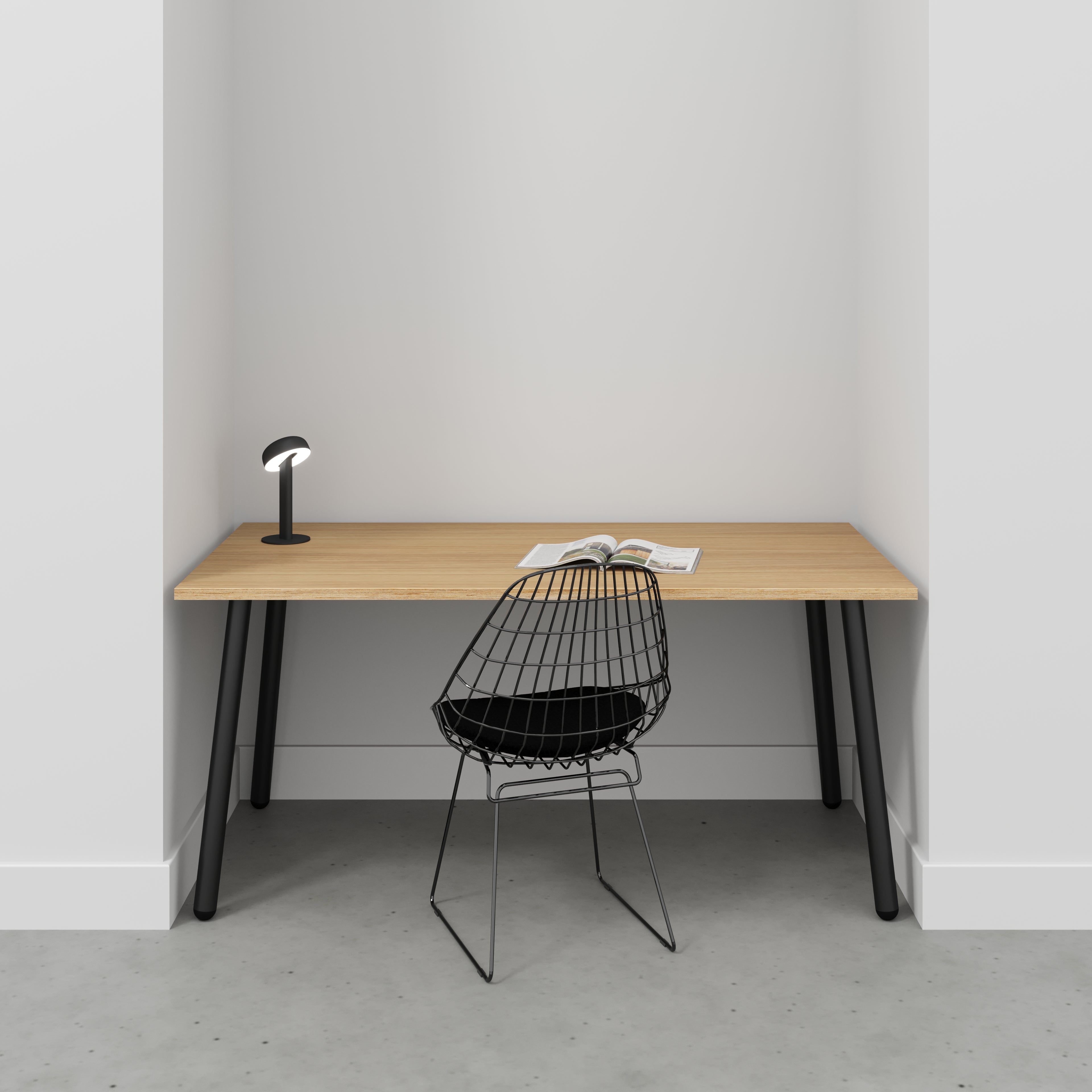 Desk with Black Round Single Pin Legs - Plywood Oak - 1600(w) x 800(d) x 735(h)