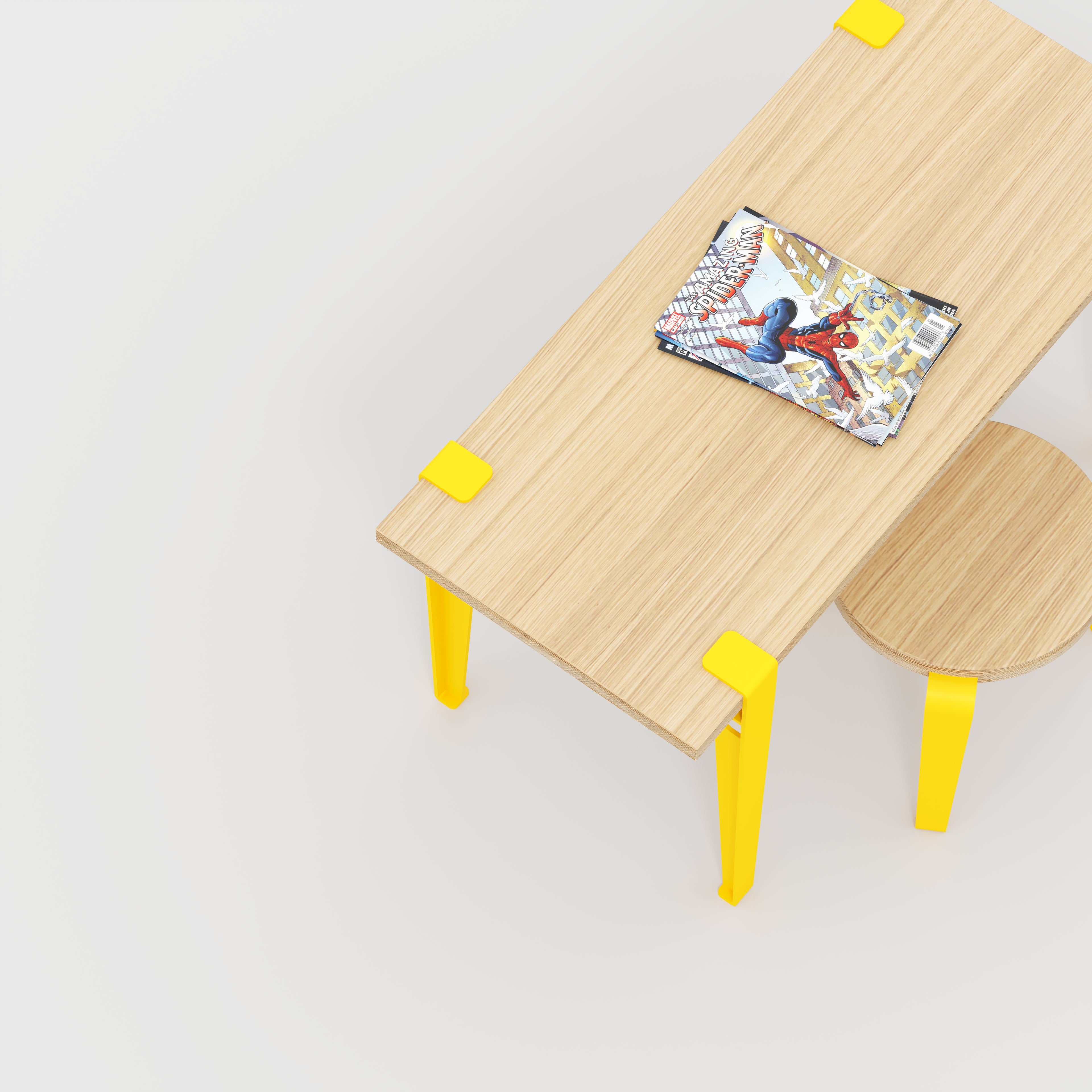 Kids Desk with Sun Yellow Tiptoe Legs - Plywood Oak - 800(w) x 400(d) x 500(h)