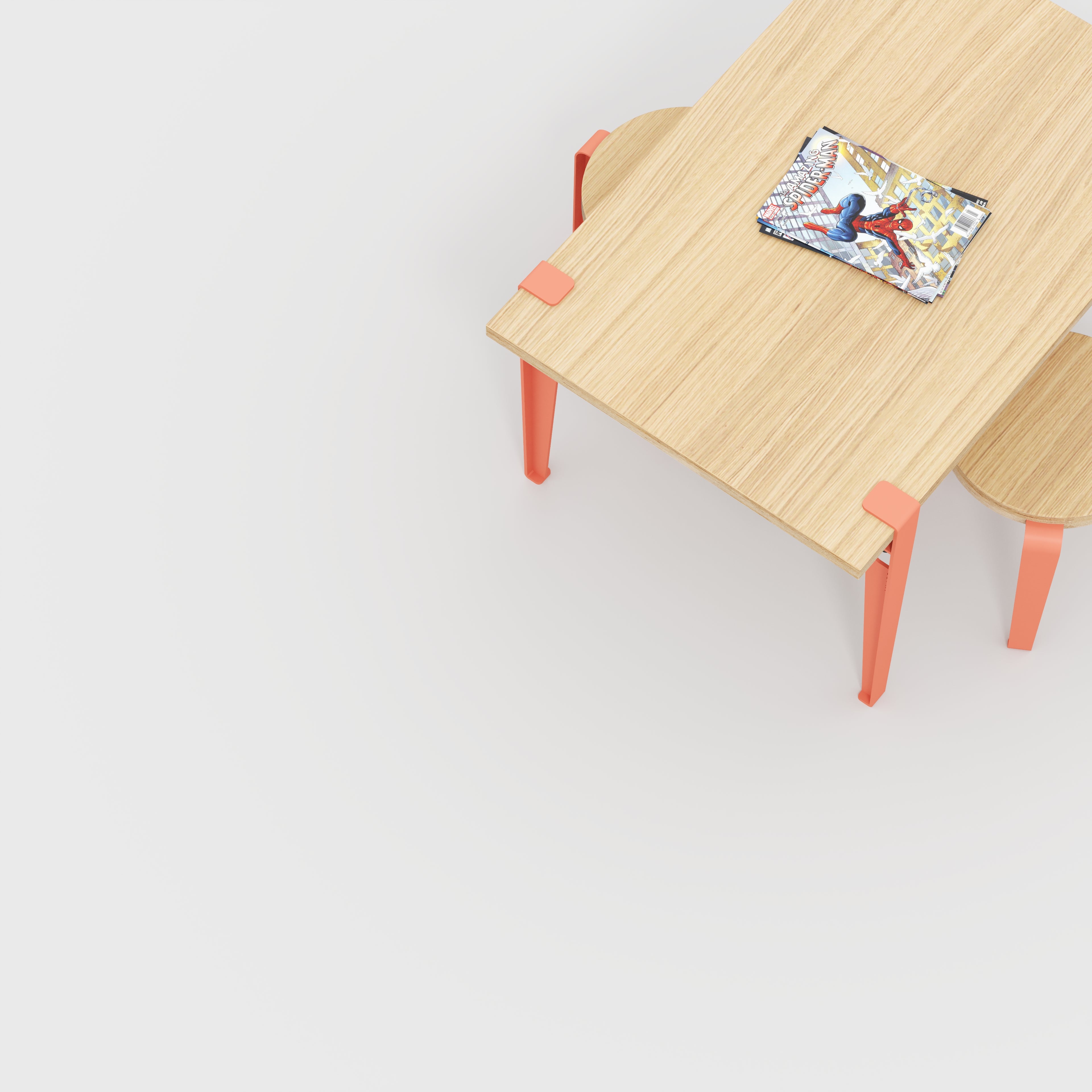 Kids Table with Flamingo Pink Tiptoe Legs - Plywood Oak - 800(w) x 600(d) x 500(h)