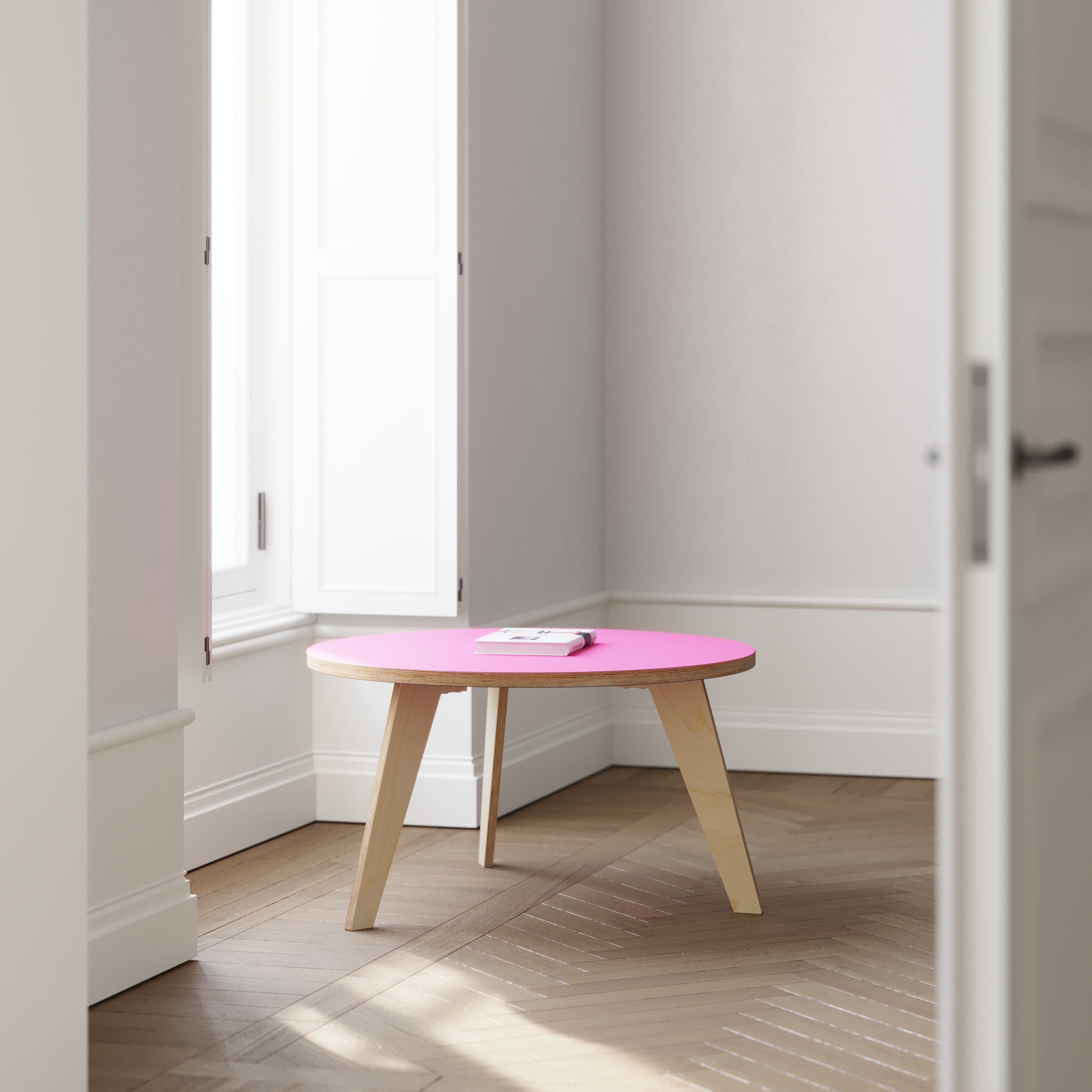 pink plywood coffee table