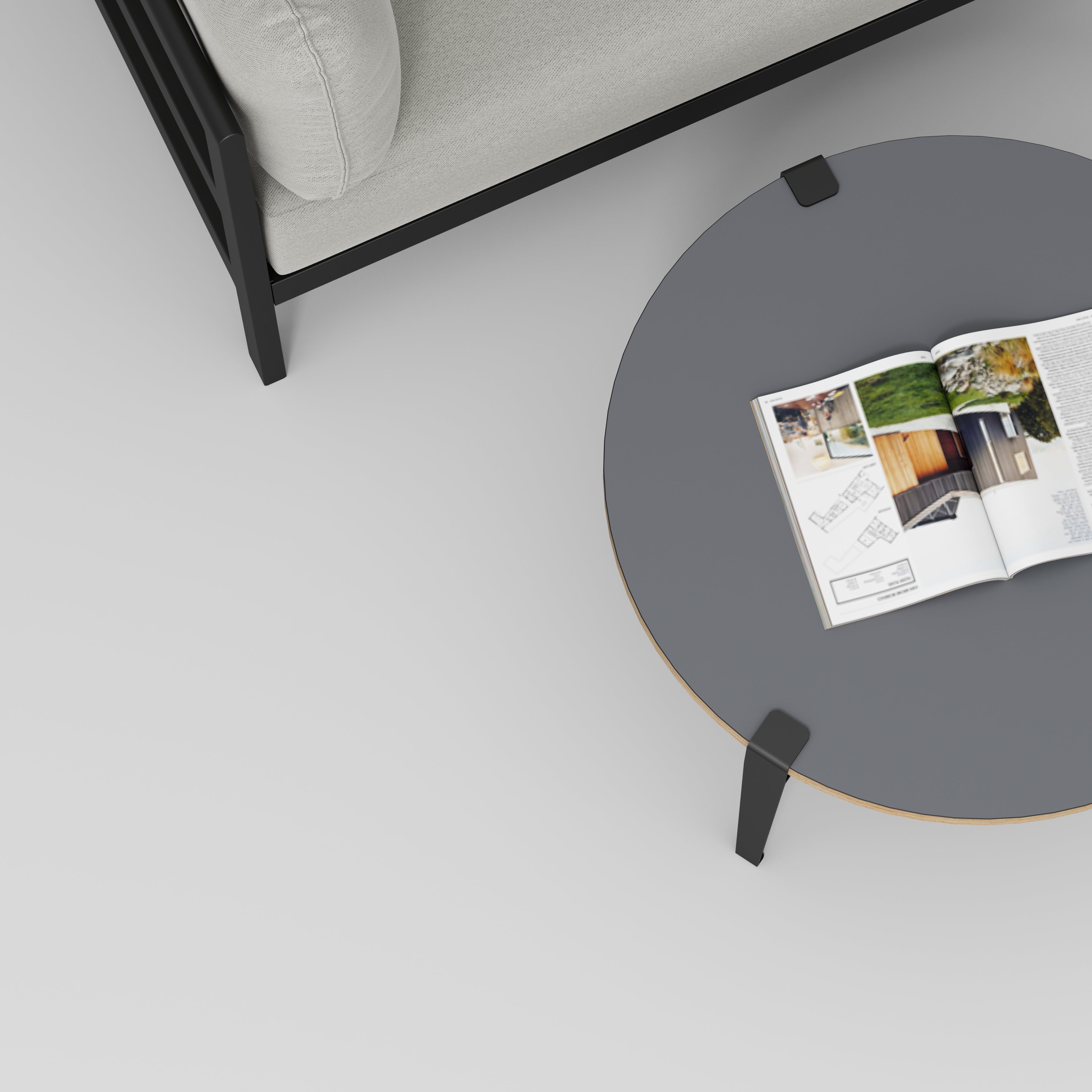 Round Coffee Table with Black Tiptoe Legs - Formica Tornado Grey - 800(dia) x 430(h)