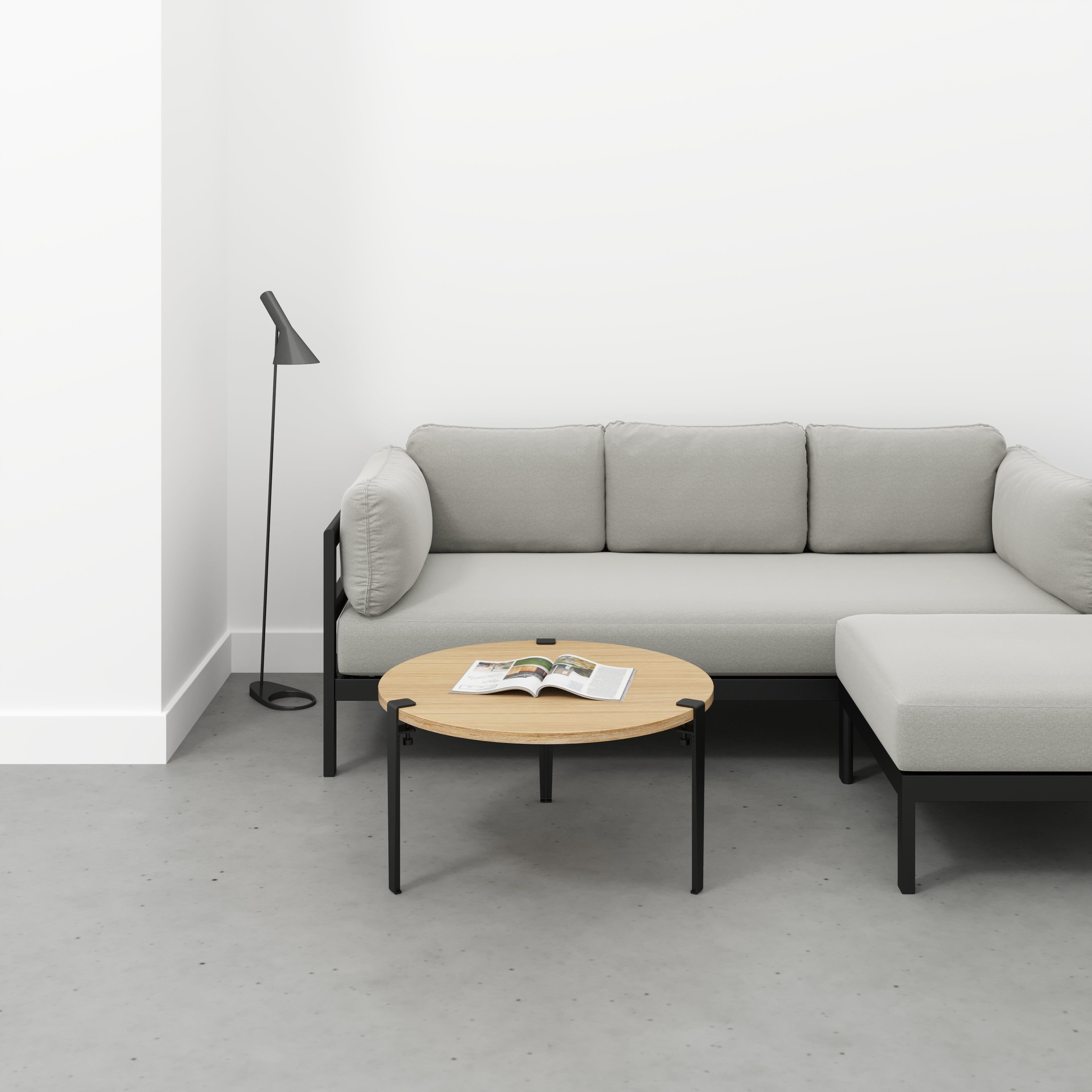 Round Coffee Table with Black Tiptoe Legs - Plywood Oak - 800(dia) x 430(h)