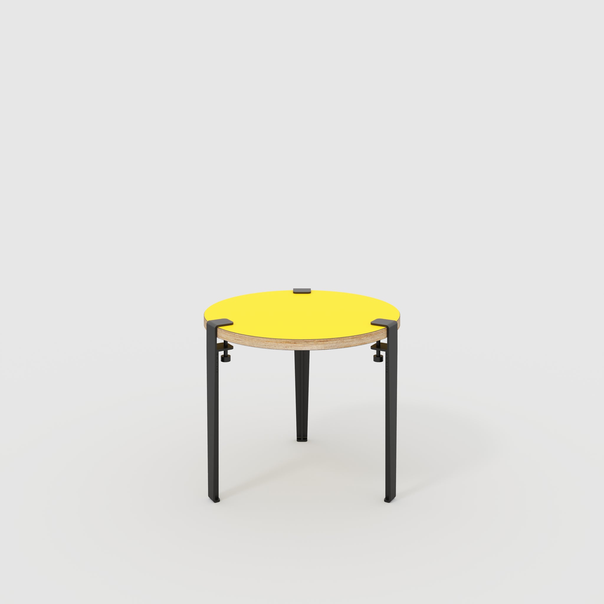Plywood Round Side Table with Black Tiptoe Legs Formica Chrome Yello