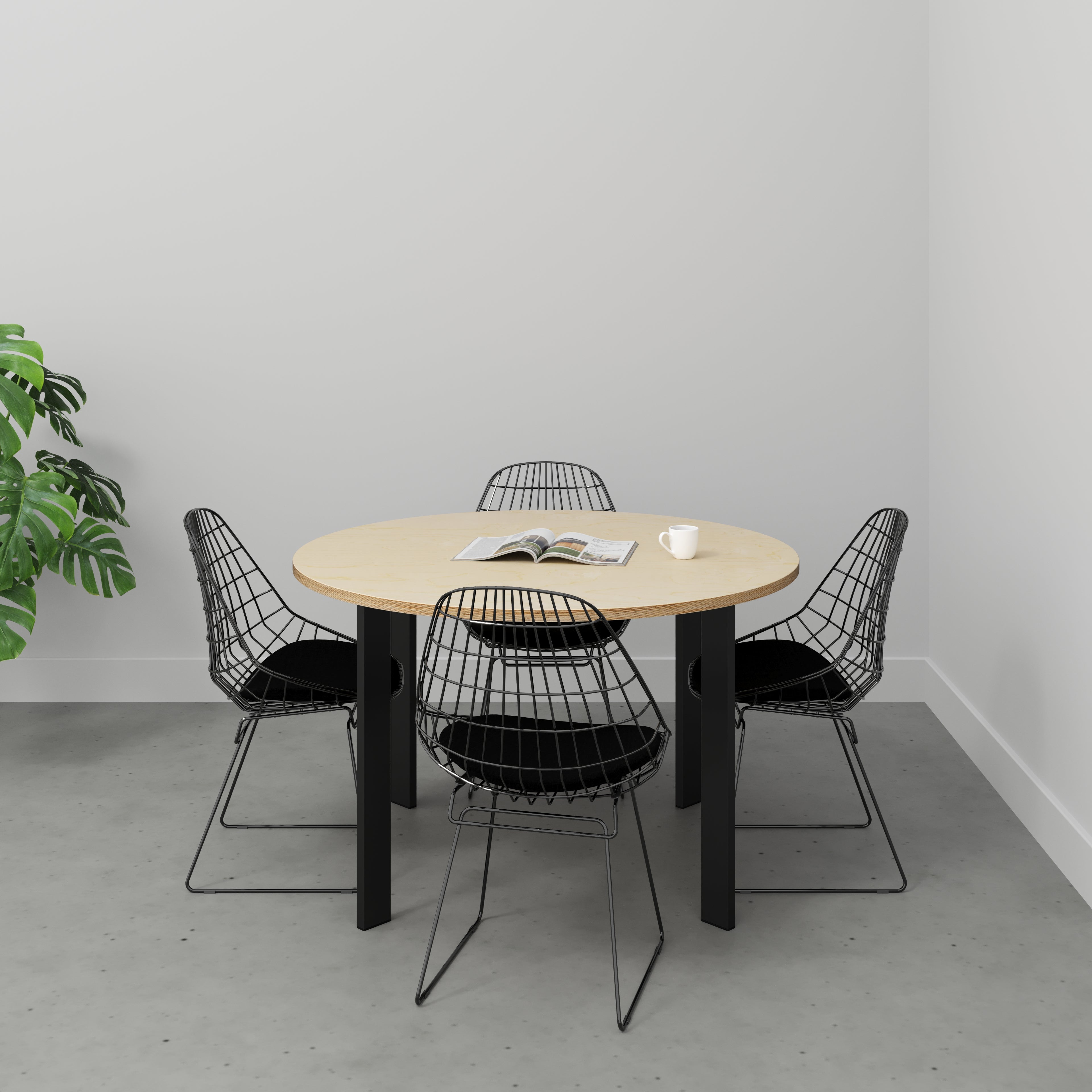 Round Table with Black Rectangular Single Pin Legs - Plywood Birch - 1200(dia) x 750(h)