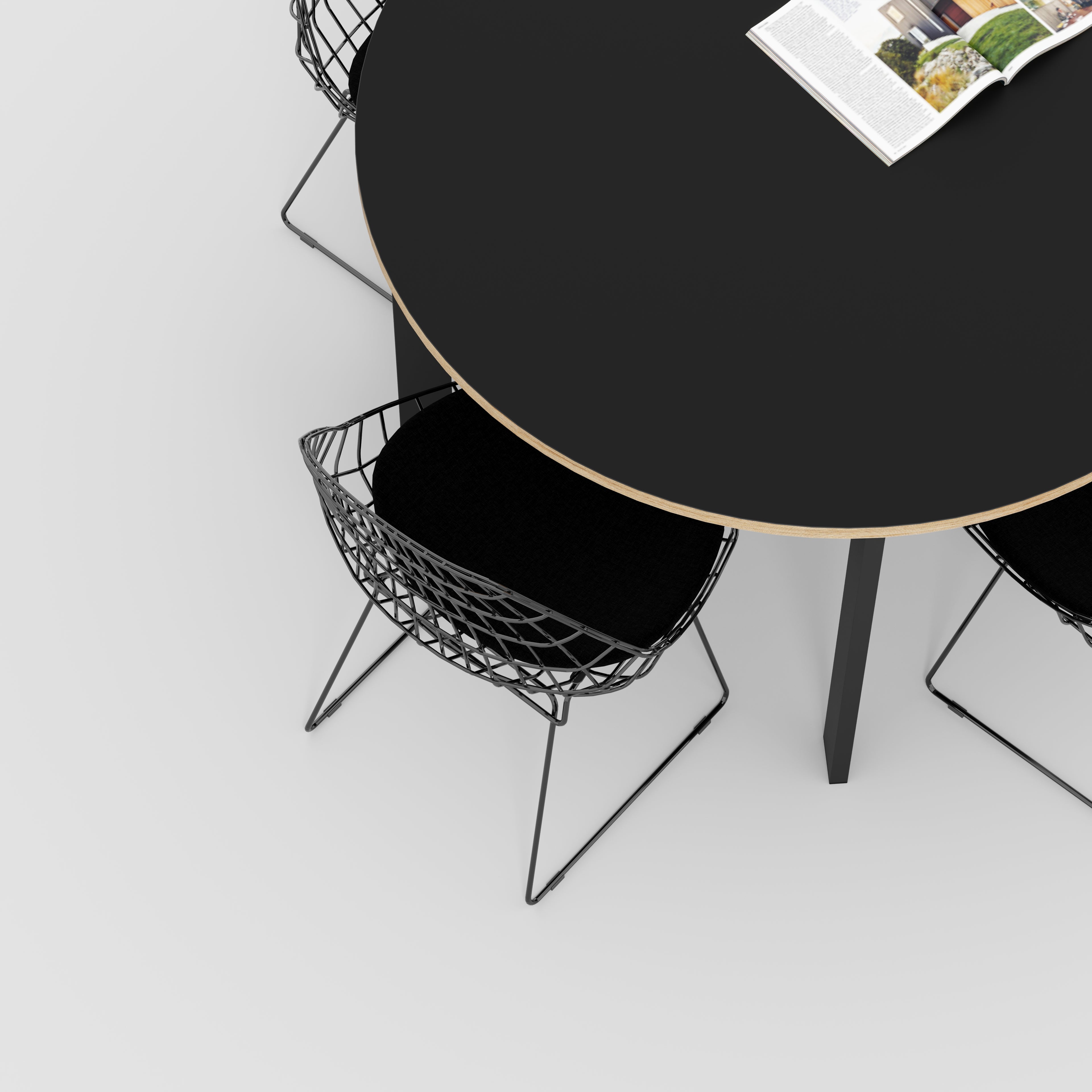 Round Table with Black Rectangular Single Pin Legs - Formica Diamond Black - 1200(dia) x 735(h)