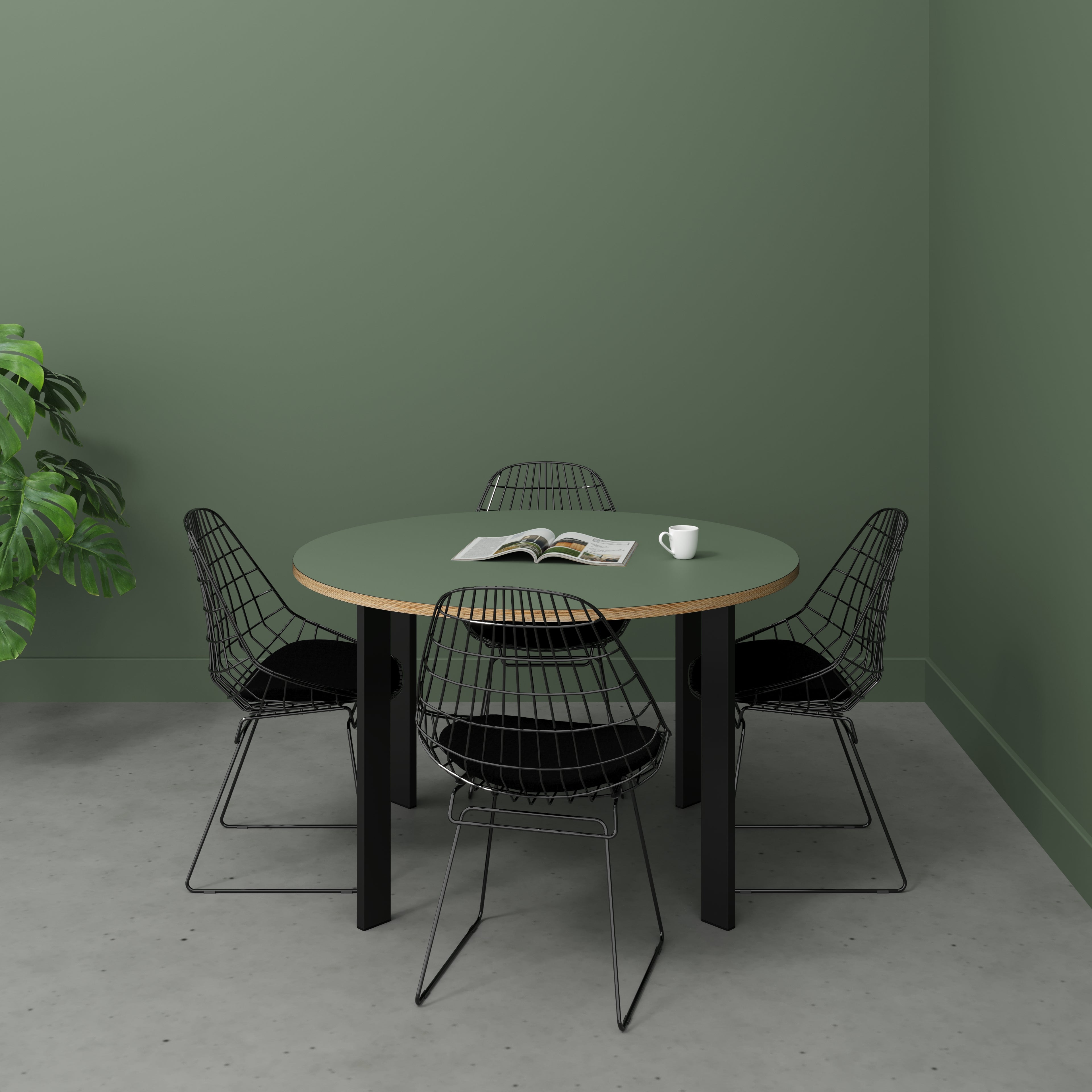Round Table with Black Rectangular Single Pin Legs - Formica Green Slate - 1200(dia) x 750(h)