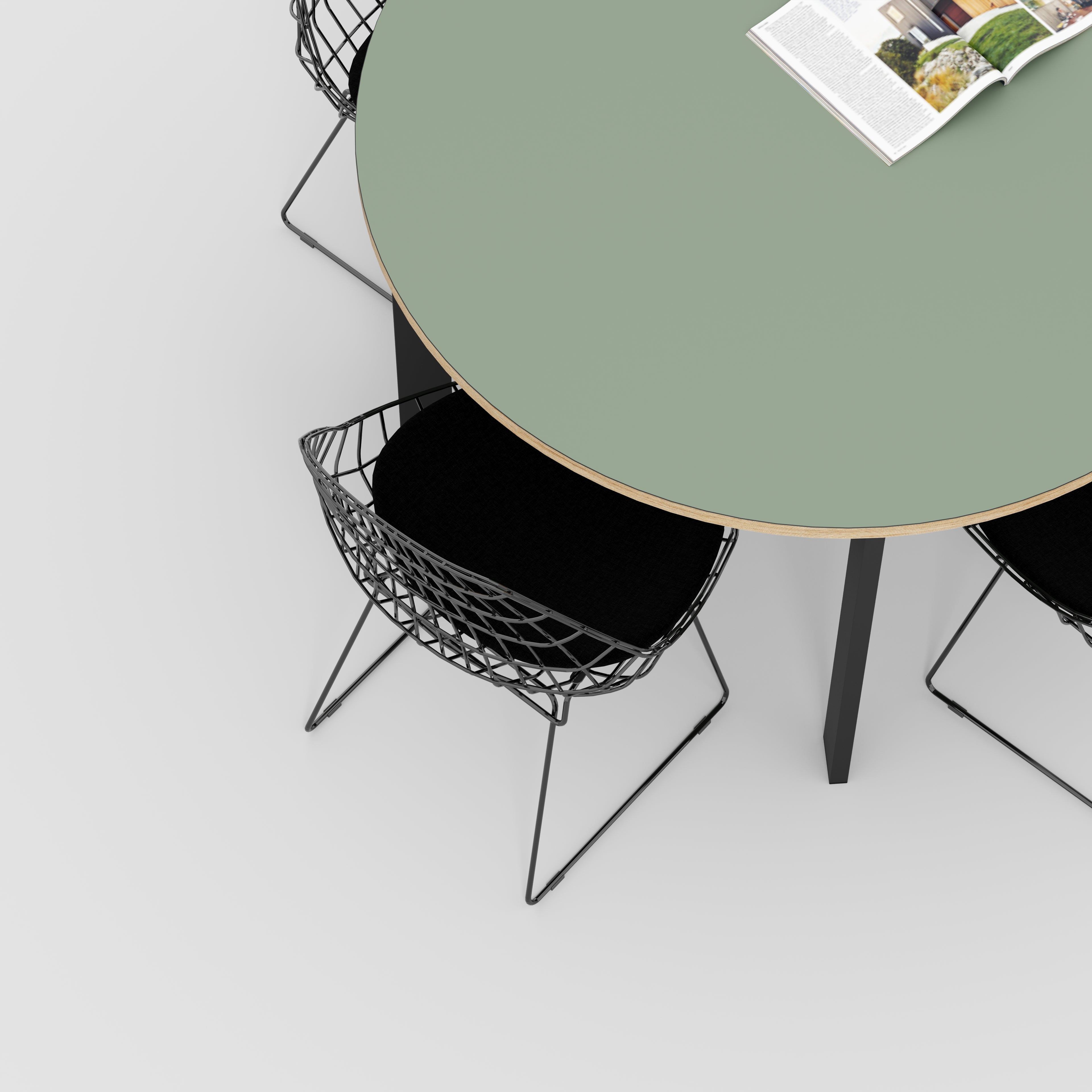 Round Table with Black Rectangular Single Pin Legs - Formica Green Slate - 1200(dia) x 735(h)