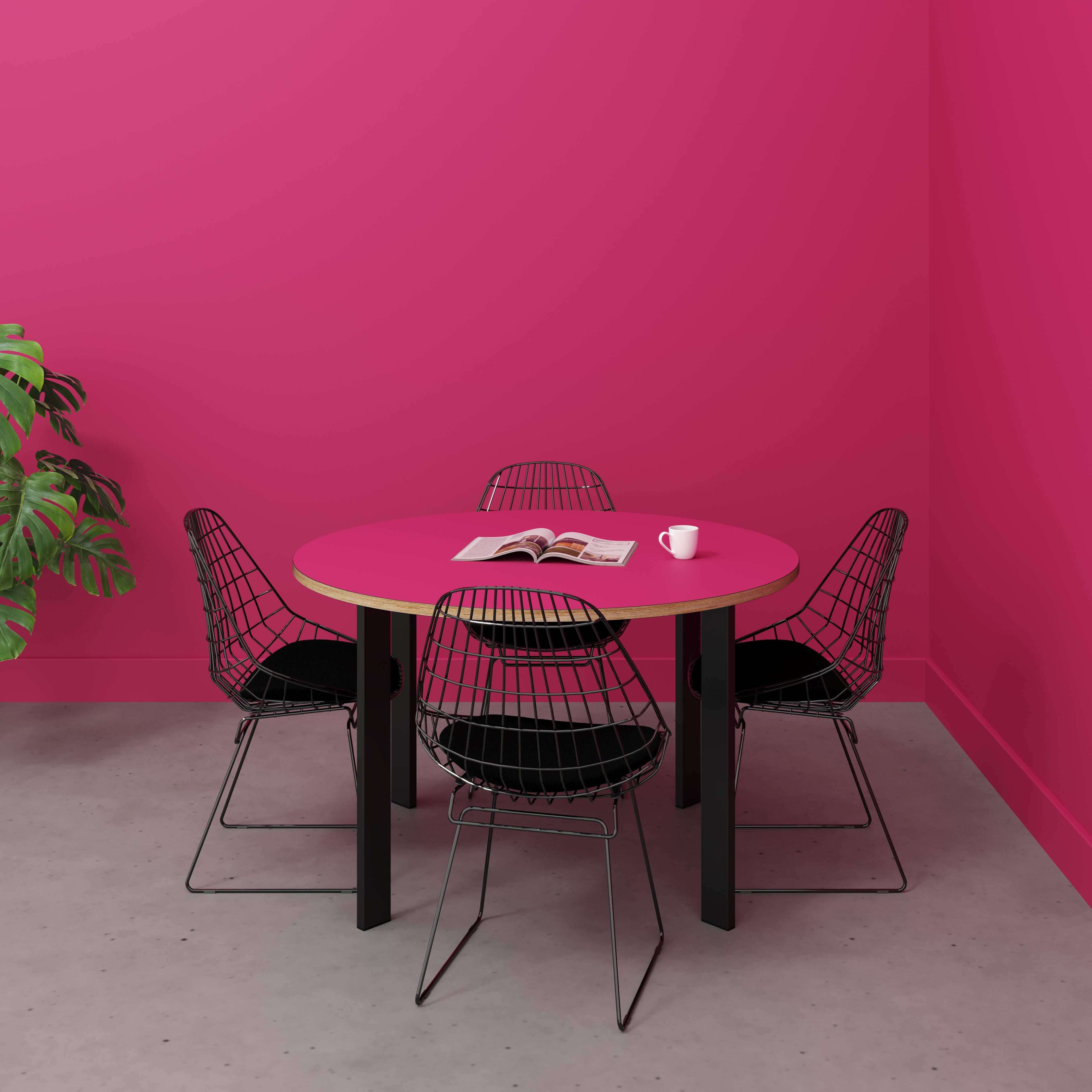 Round Table with Black Rectangular Single Pin Legs - Formica Juicy Pink - 1200(dia) x 735(h)