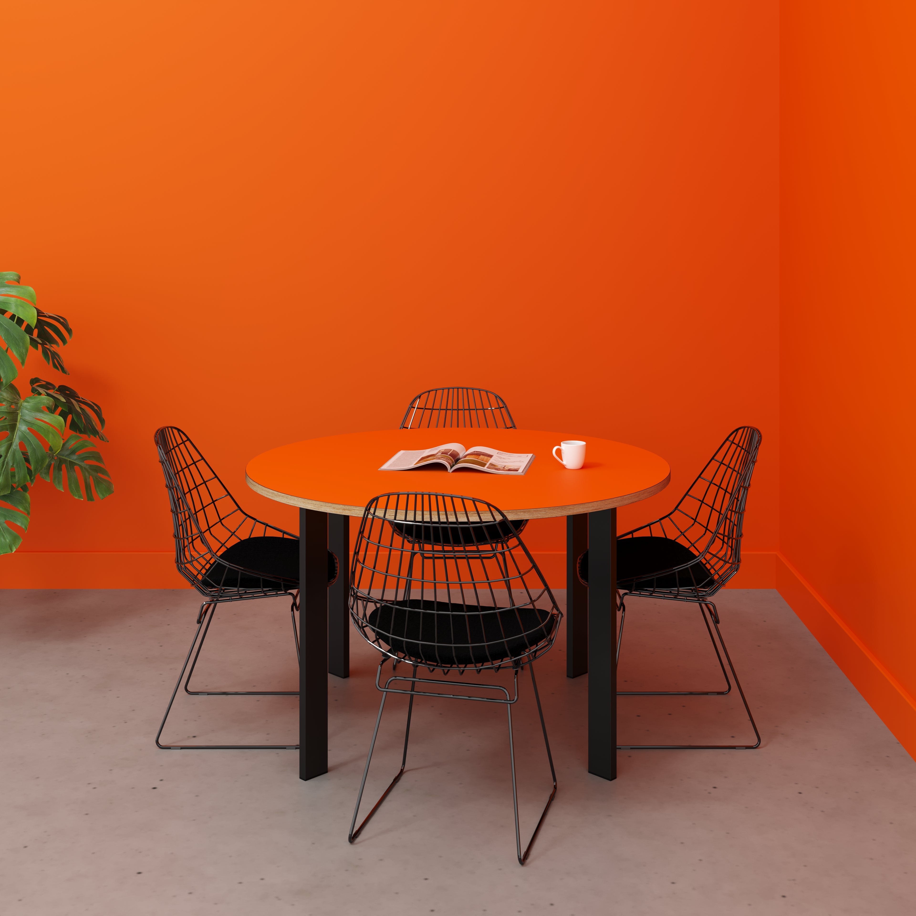 Round Table with Black Rectangular Single Pin Legs - Formica Levante Orange - 1200(dia) x 750(h)
