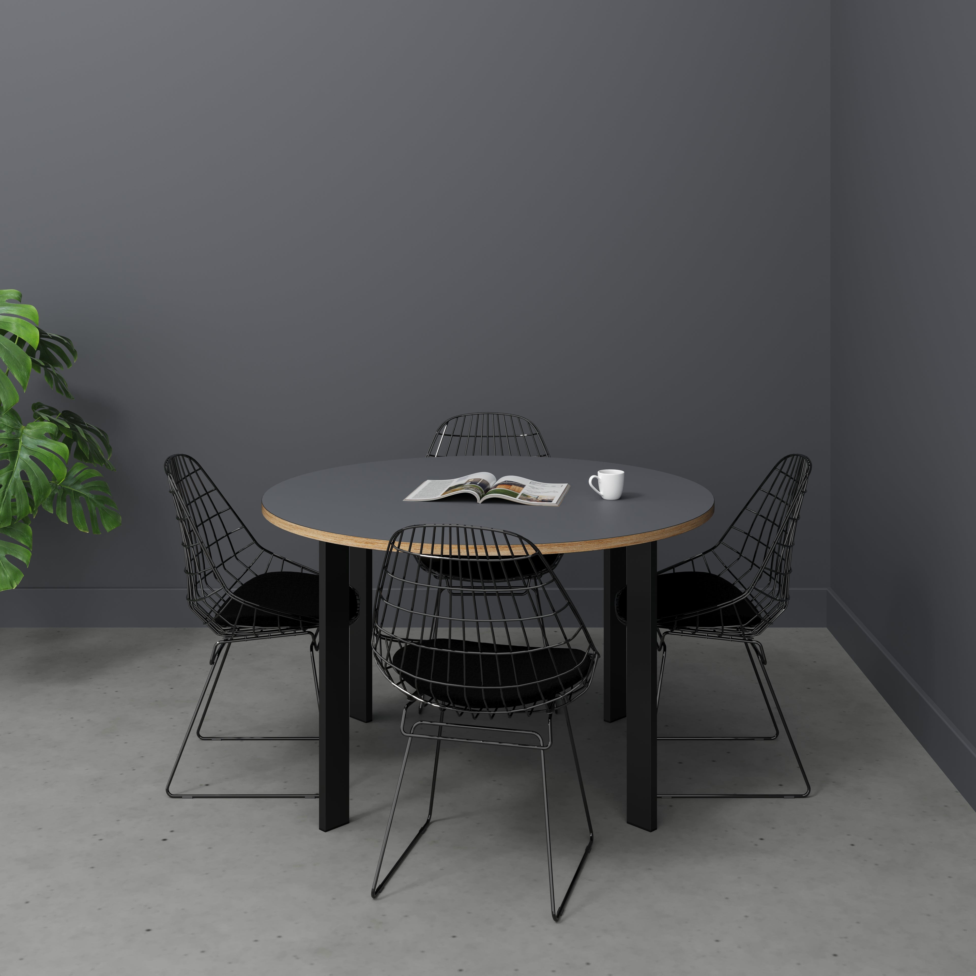 Round Table with Black Rectangular Single Pin Legs - Formica Tornado Grey - 1200(dia) x 750(h)