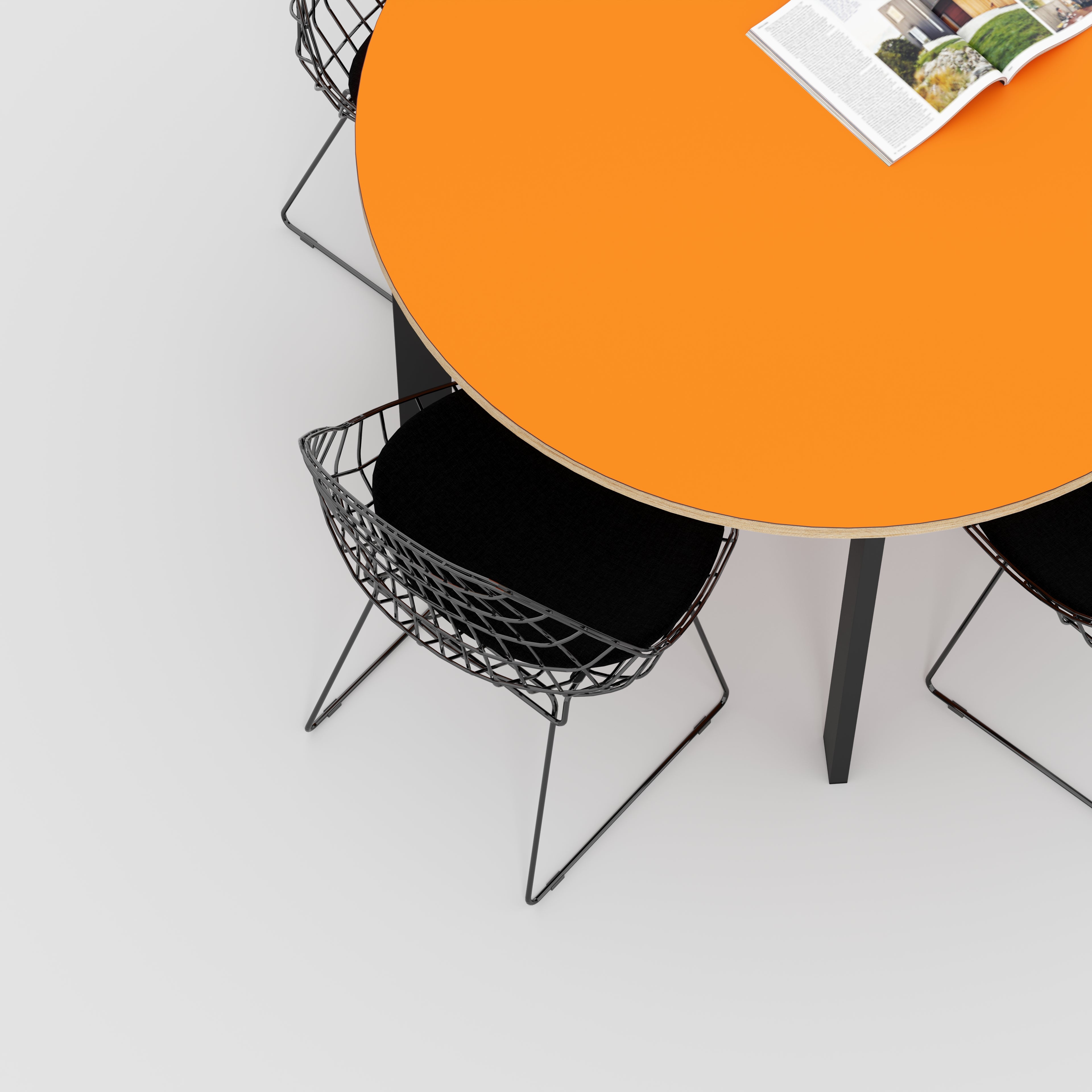 Round Table with Black Rectangular Single Pin Legs - Formica Levante Orange - 1200(dia) x 735(h)