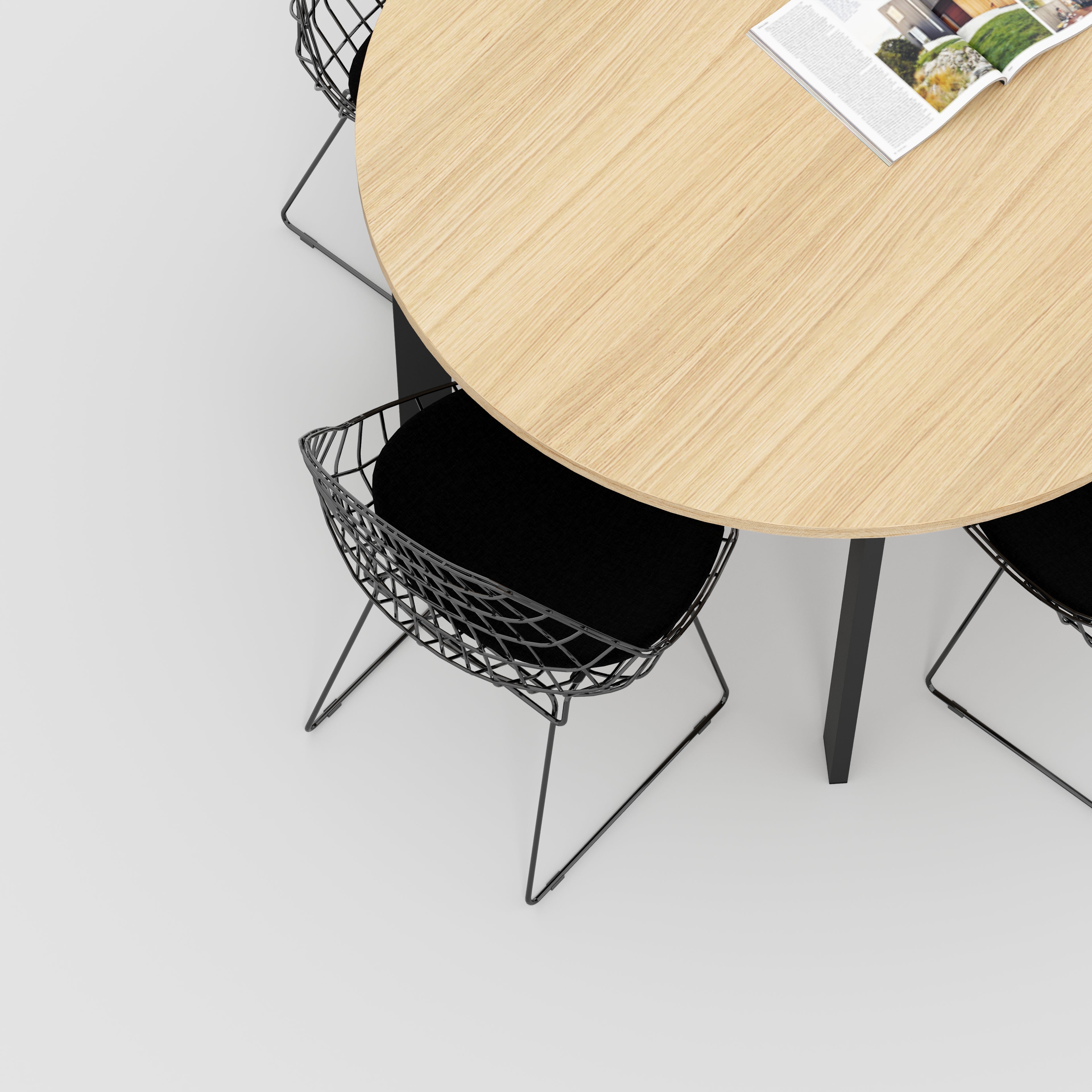 Round Table with Black Rectangular Single Pin Legs - Plywood Oak - 1200(dia) x 735(h)