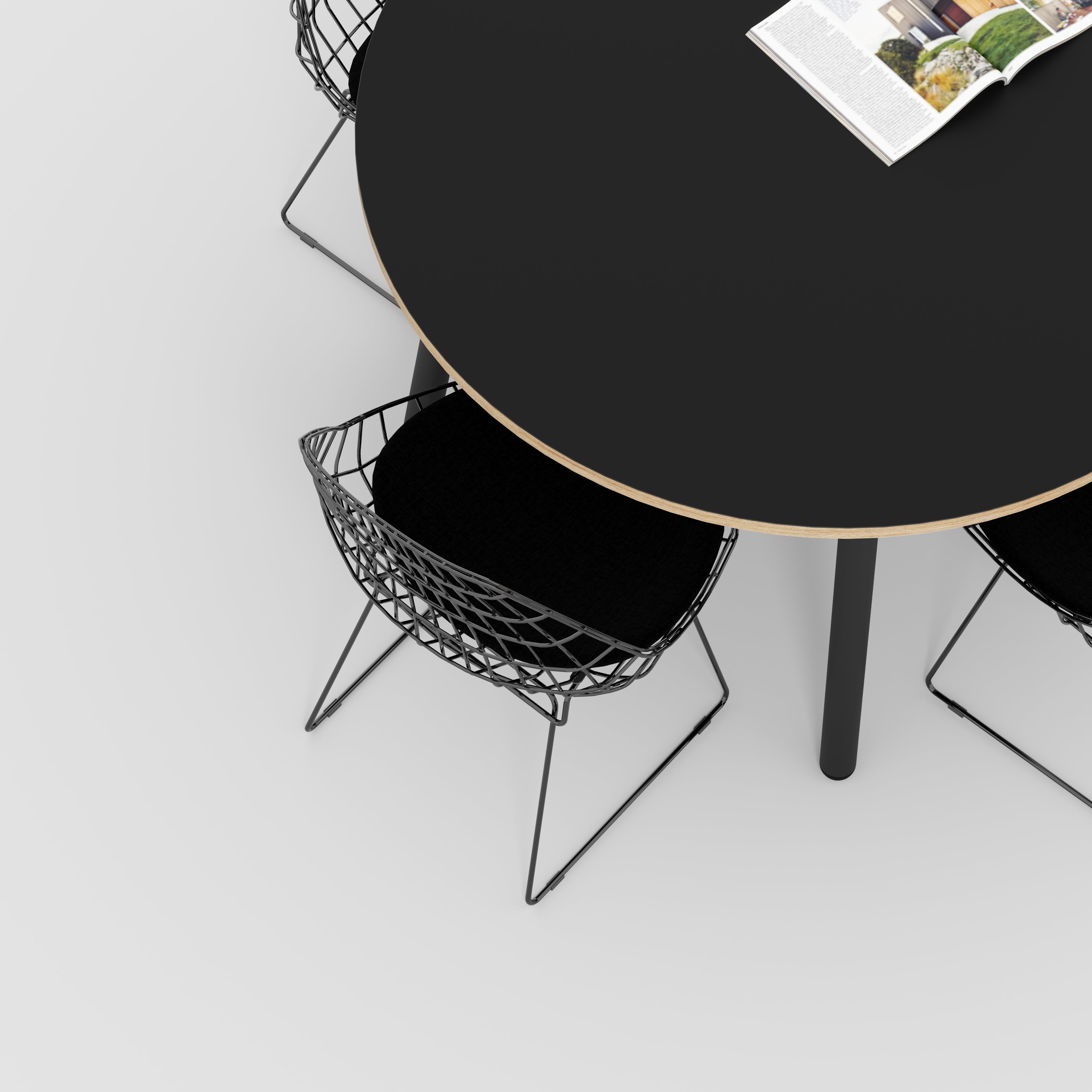 Round Table with Black Round Single Pin Legs - Formica Diamond Black - 1200(dia) x 735(h)