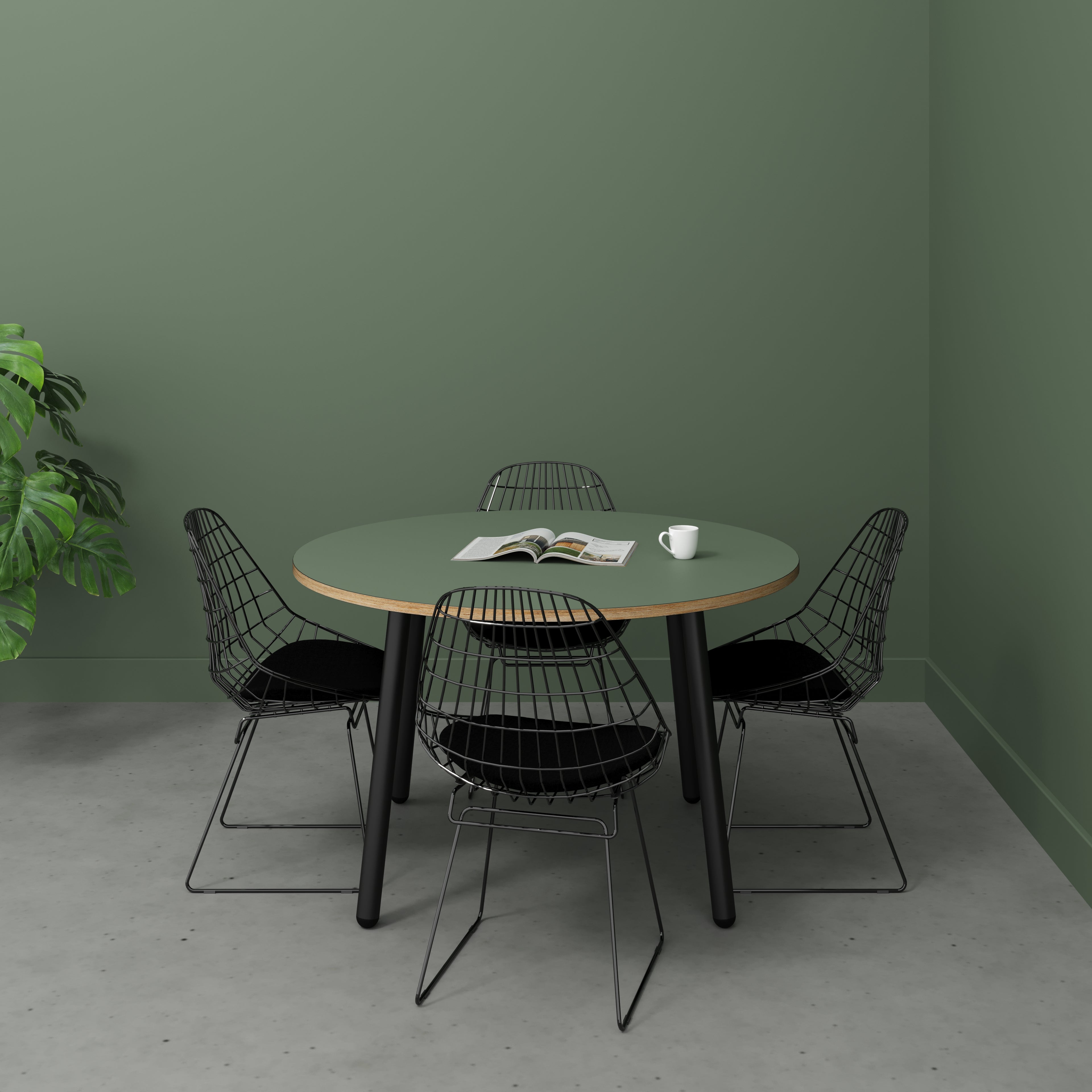 Round Table with Black Round Single Pin Legs - Formica Green Slate - 1200(dia) x 735(h)