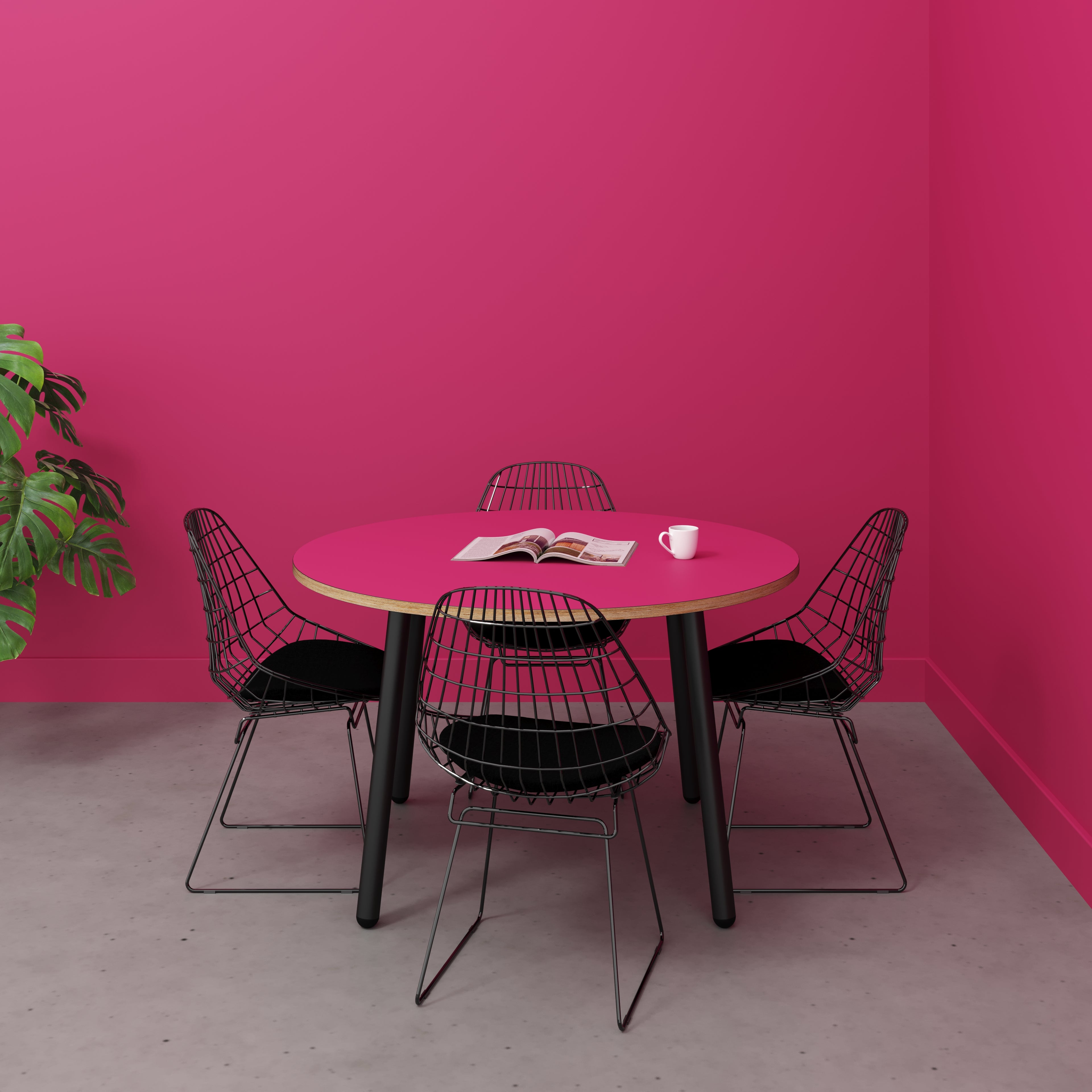 Round Table with Black Round Single Pin Legs - Formica Juicy Pink - 1200(dia) x 750(h)