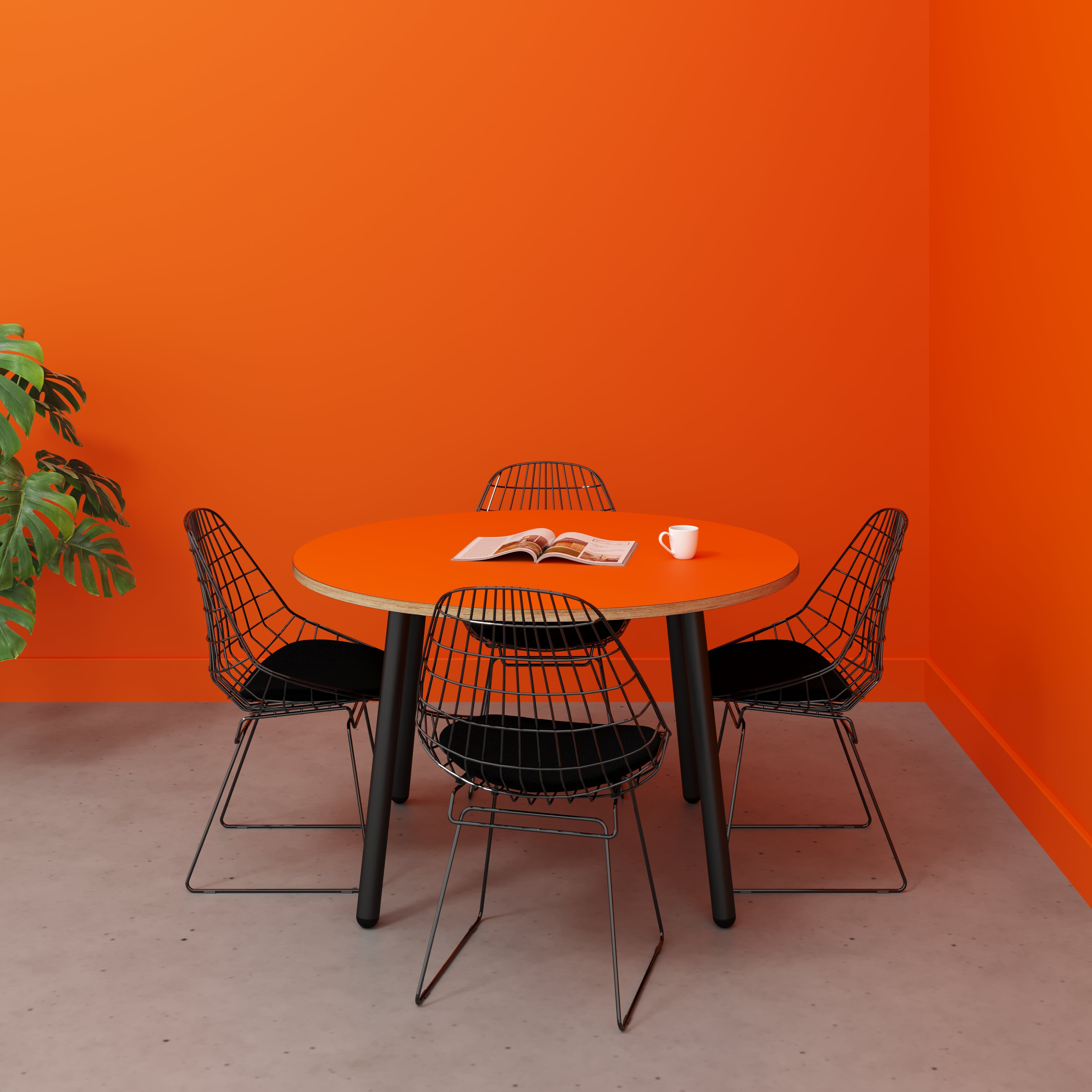 Round Table with Black Round Single Pin Legs - Formica Levante Orange - 1200(dia) x 735(h)