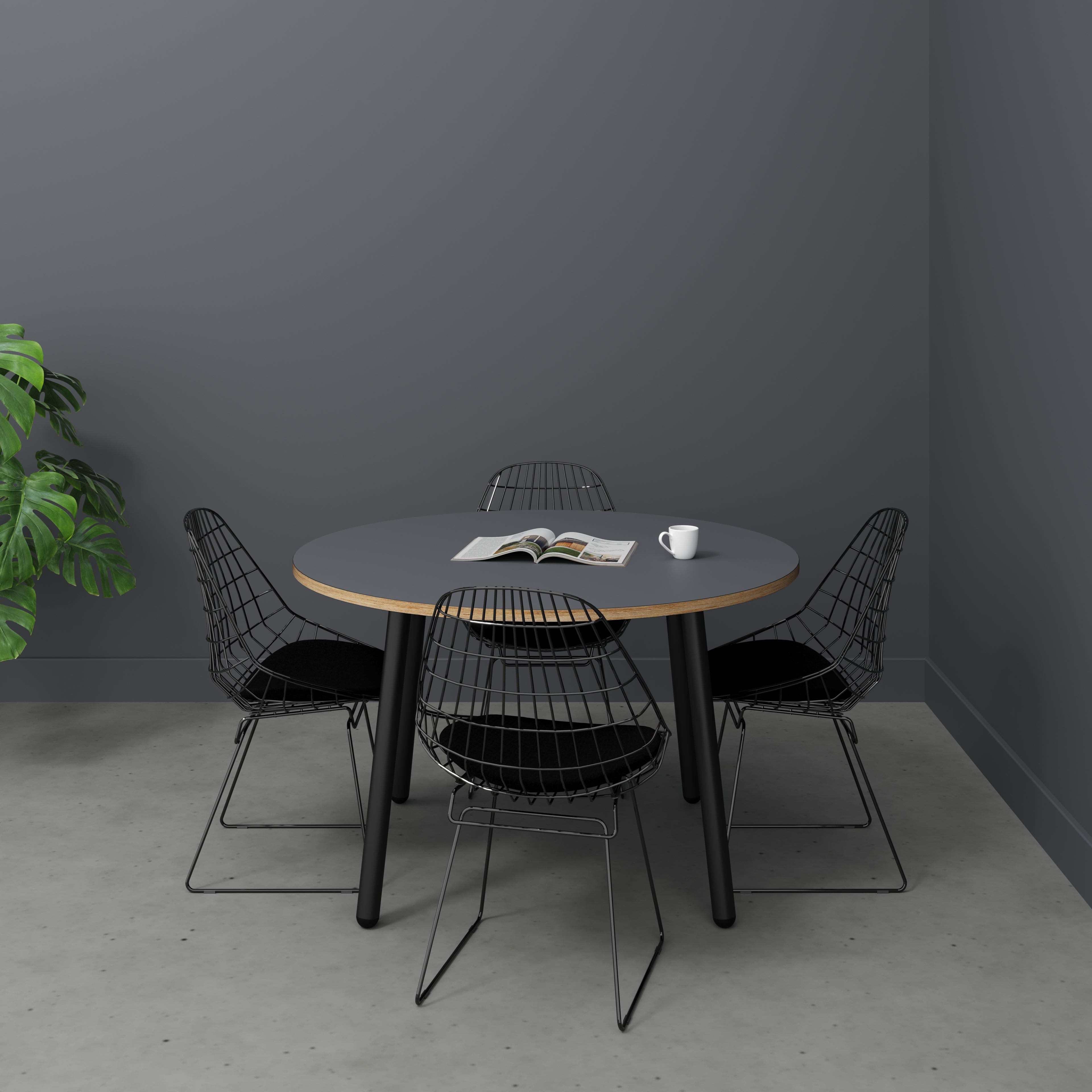 Round Table with Black Round Single Pin Legs - Formica Tornado Grey - 1200(dia) x 750(h)