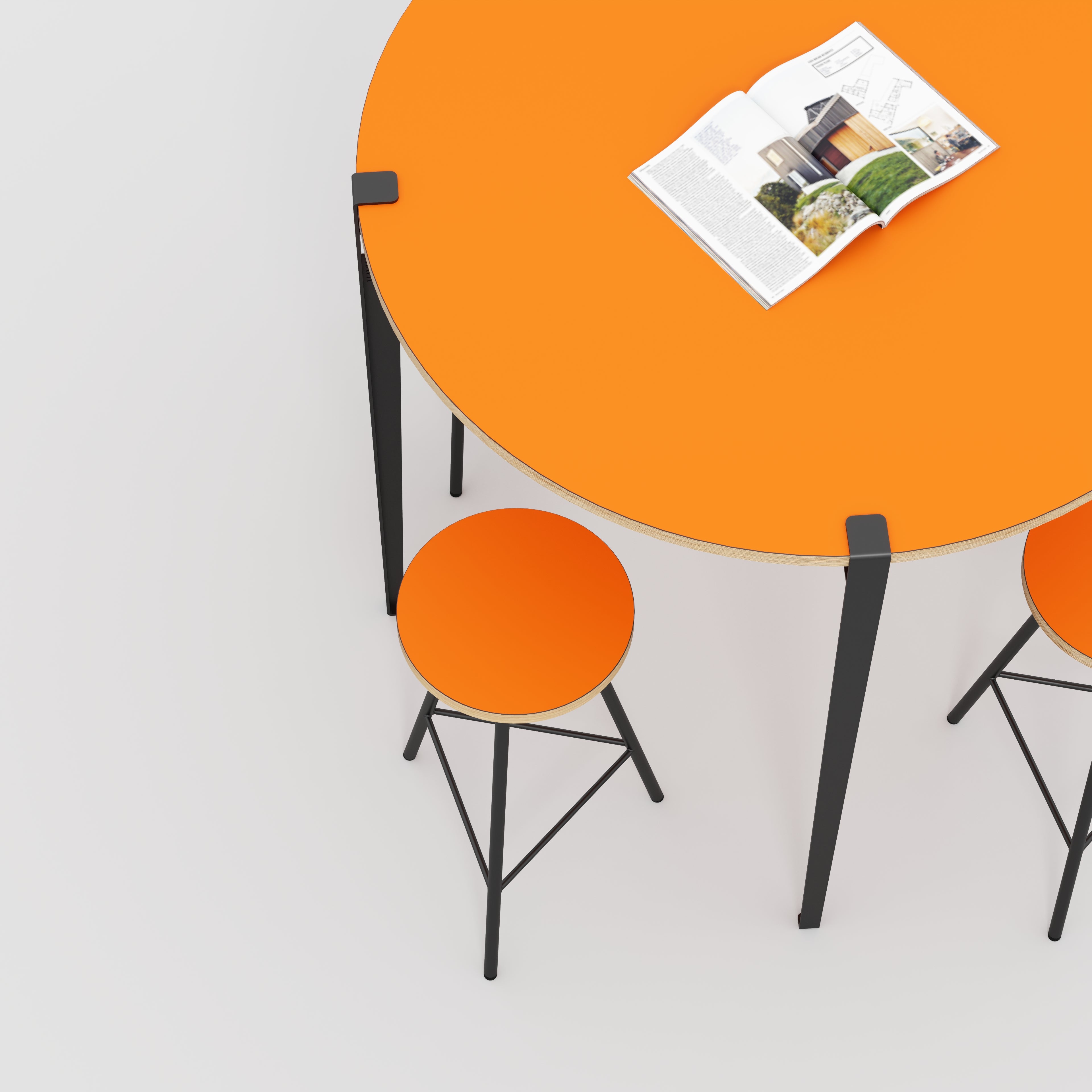Round Table with Black Tiptoe Legs - Formica Levante Orange - 1200(dia) x 1100(h)