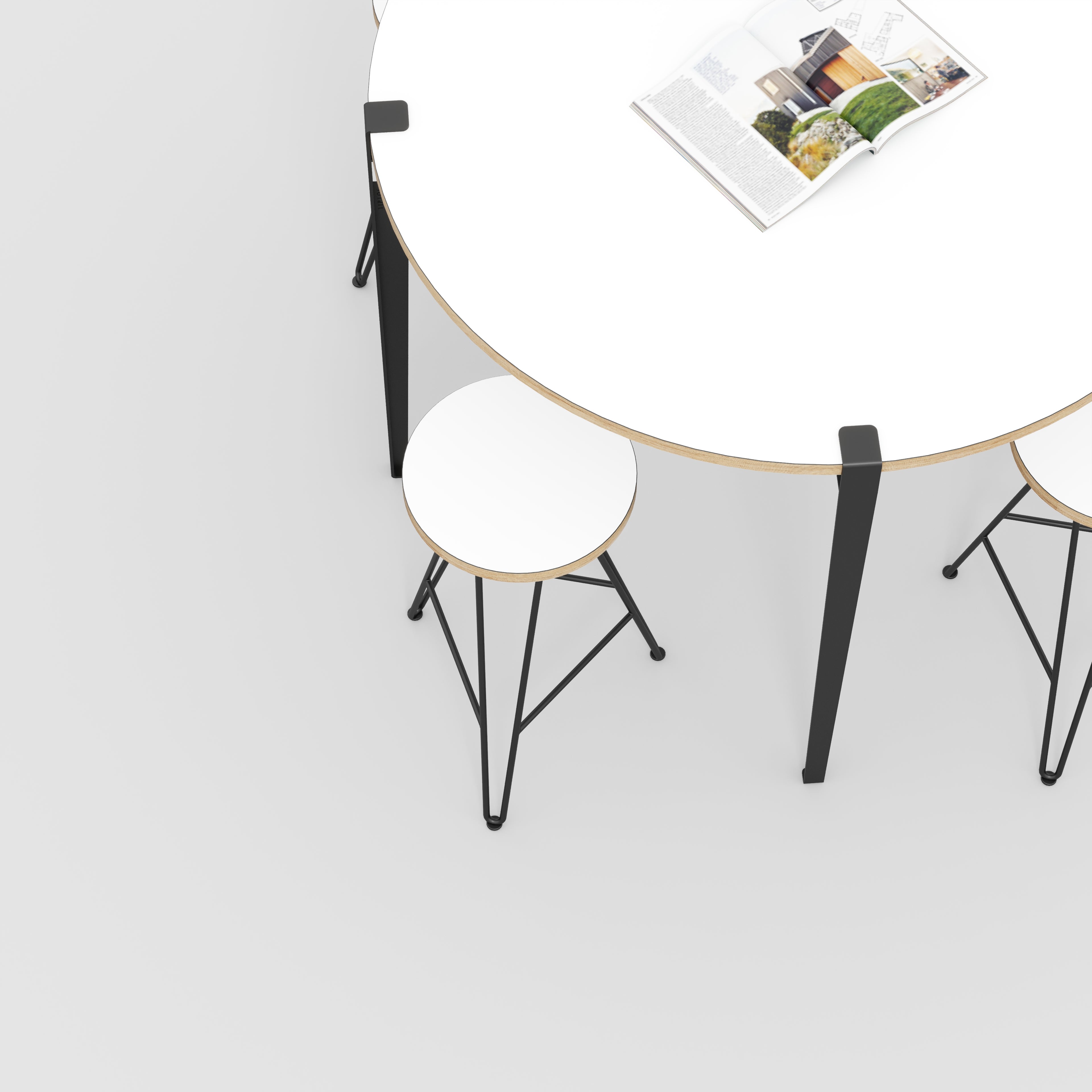 Round Table with Black Tiptoe Legs - Formica White - 1200(dia) x 900(h)