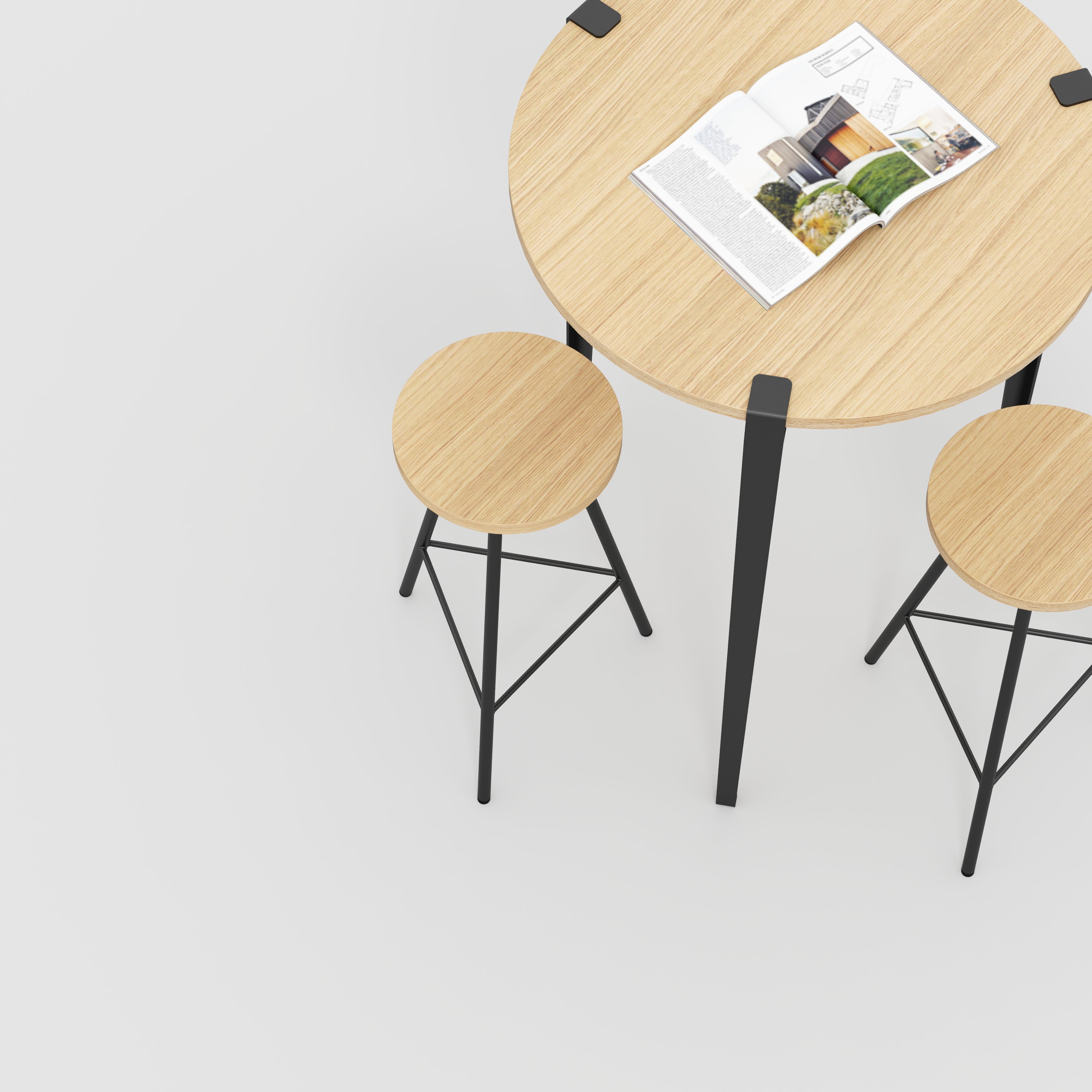 Round Table with Black Tiptoe Legs - Plywood Oak - 800(dia) x 1100(h)