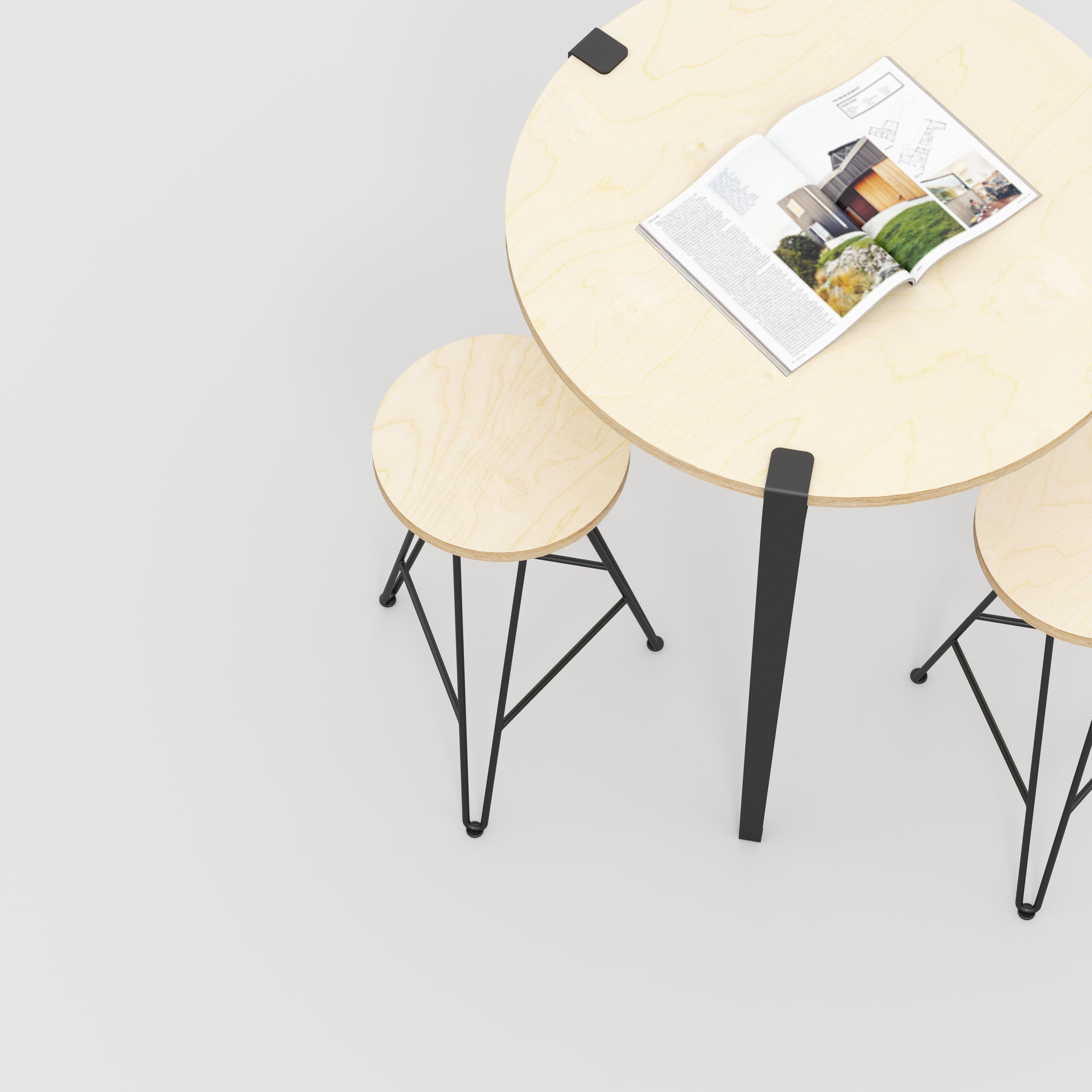 Round Table with Black Tiptoe Legs - Plywood Birch - 800(dia) x 900(h)