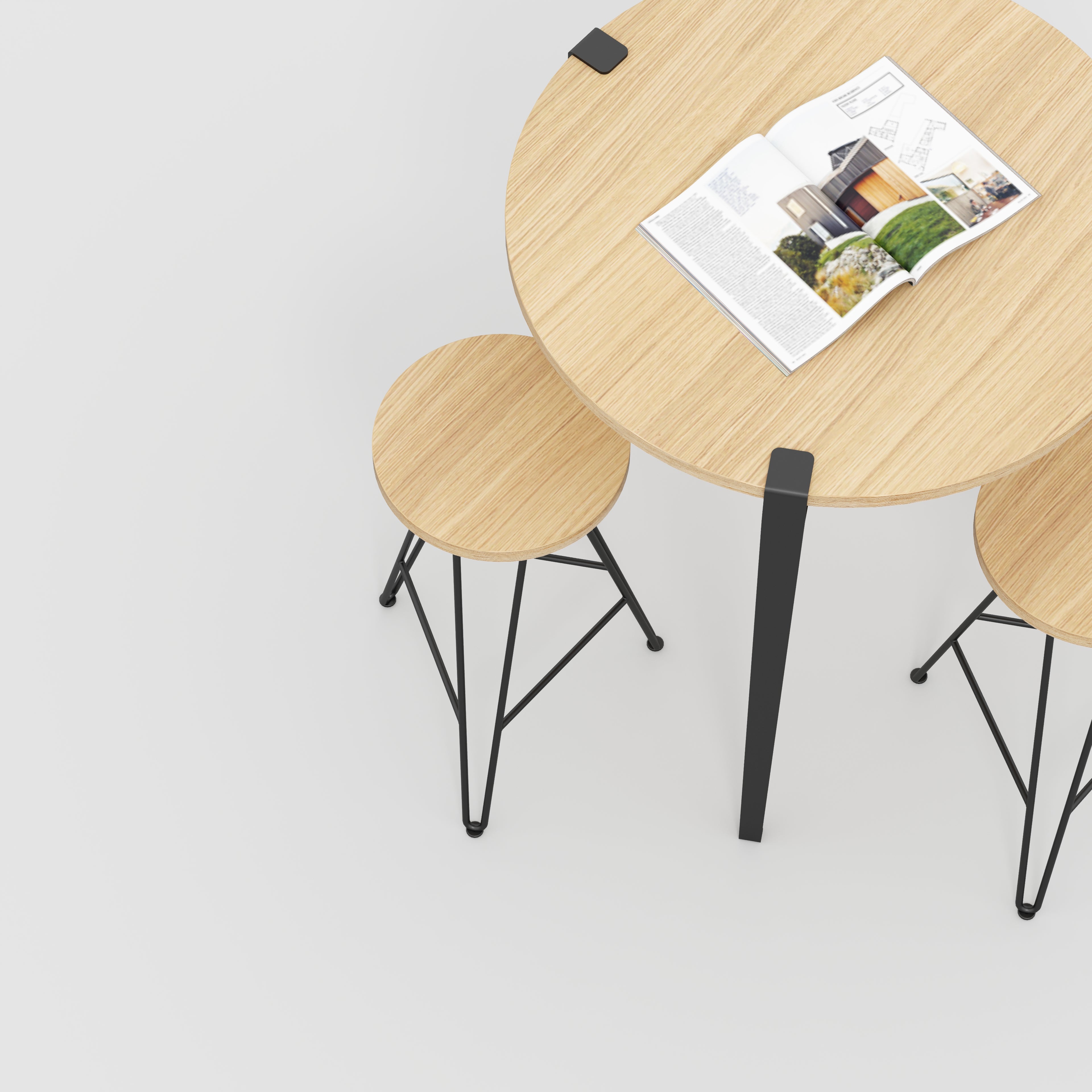 Round Table with Black Tiptoe Legs - Plywood Oak - 800(dia) x 900(h)