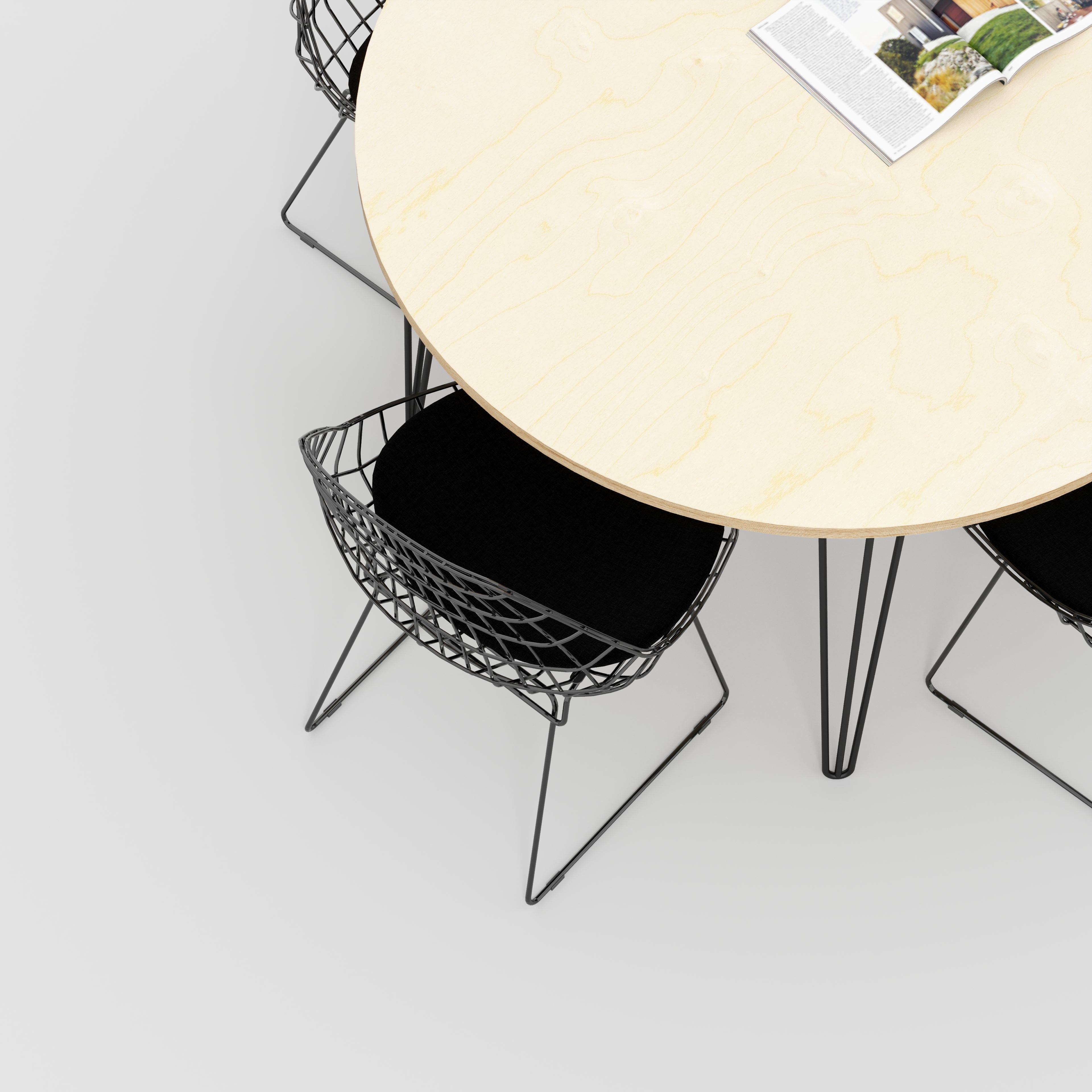 Round Table with Black Hairpin Legs - Plywood Birch - 1200(dia) x 735(h)