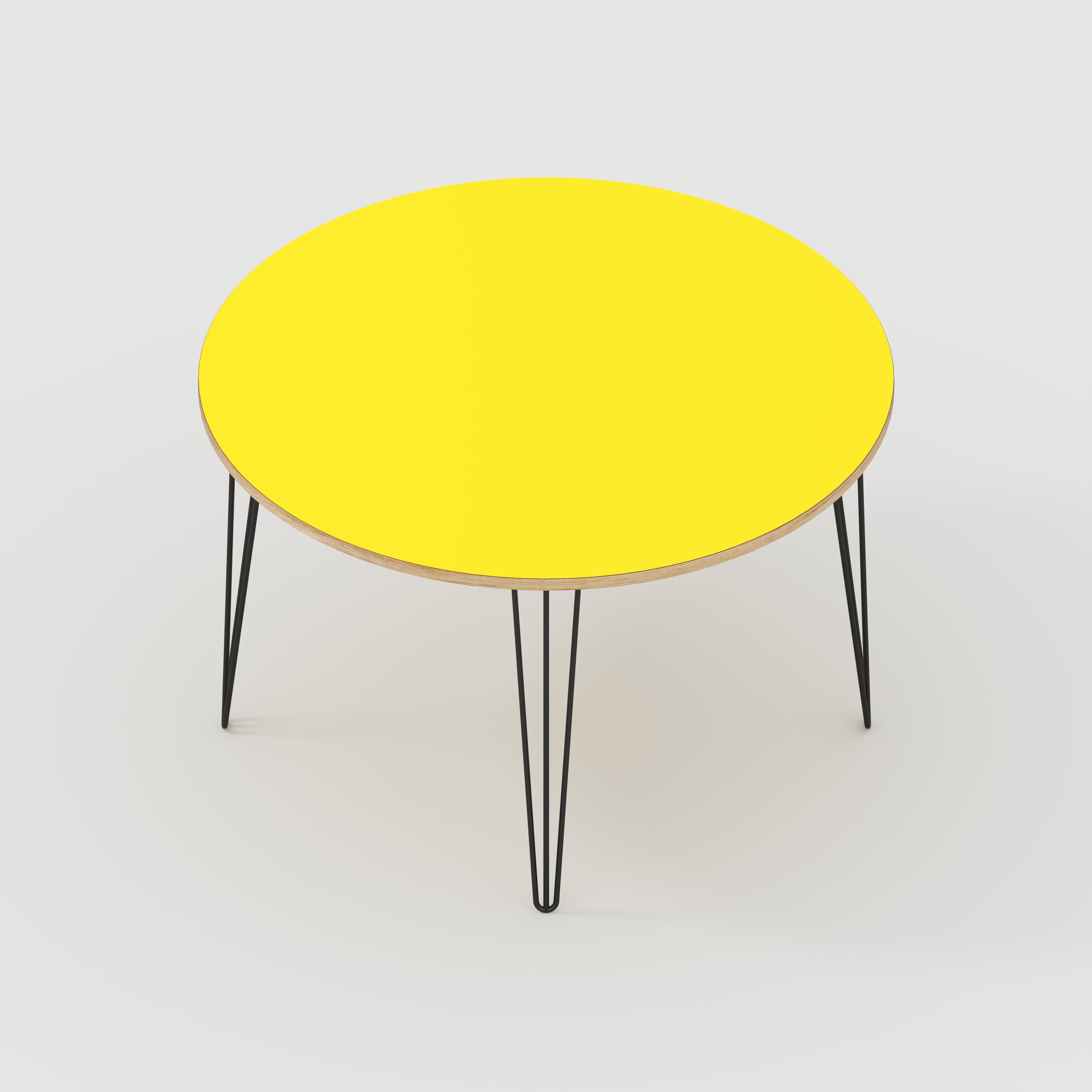 Round Table with Black Hairpin Legs - Formica Chrome Yellow - 1200(dia) x 735(h)