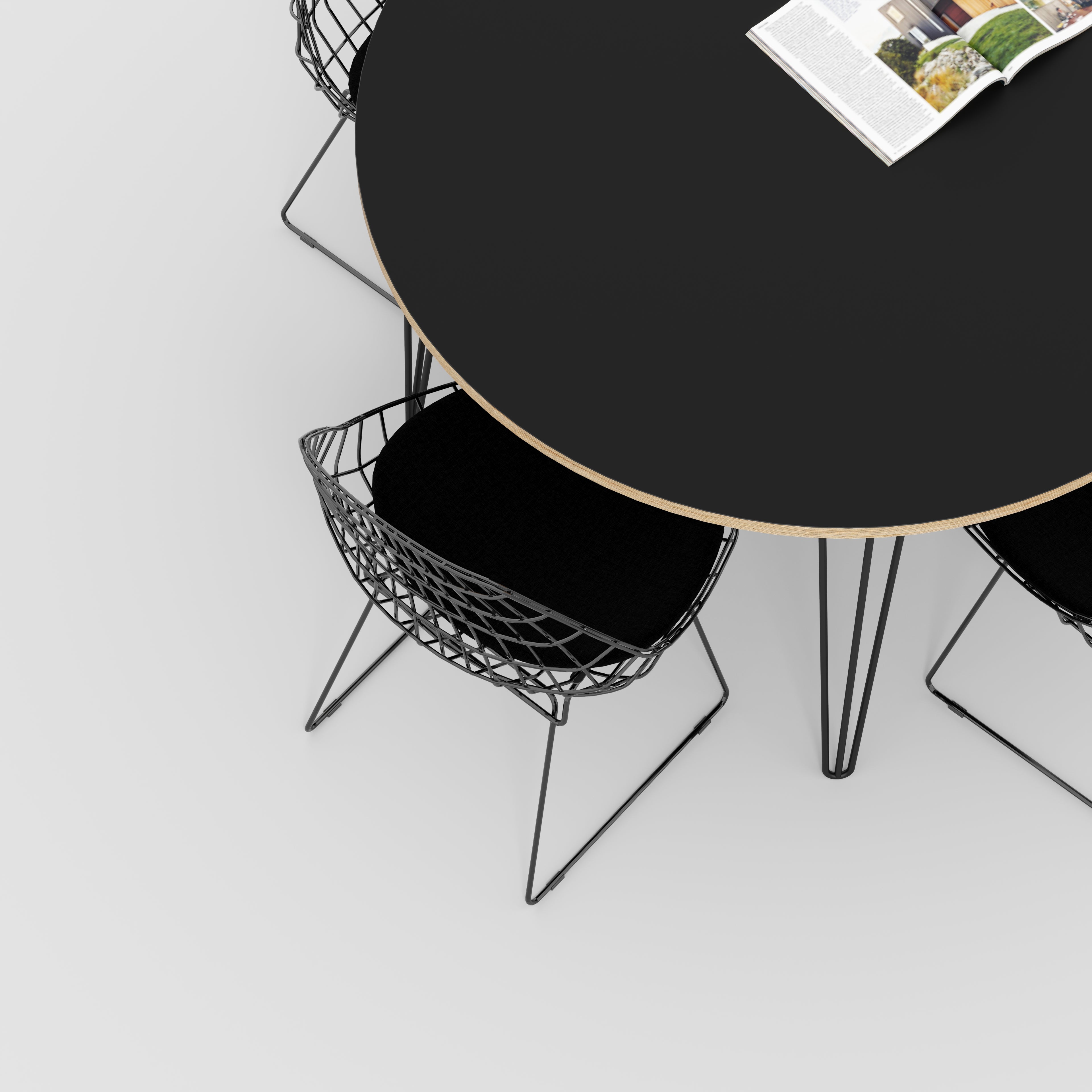 Round Table with Black Hairpin Legs - Formica Diamond Black - 1200(dia) x 735(h)