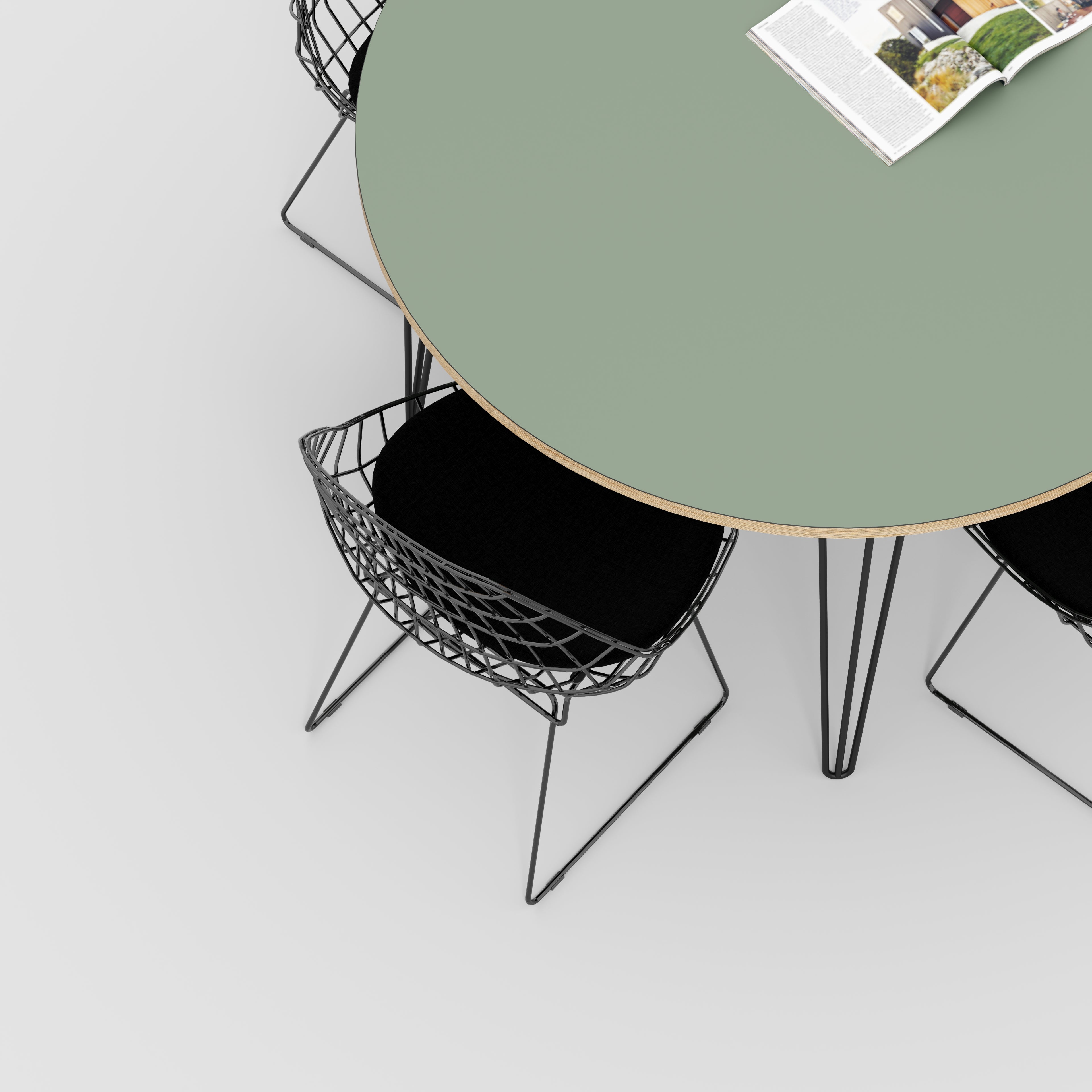 Round Table with Black Hairpin Legs - Formica Green Slate - 1200(dia) x 735(h)
