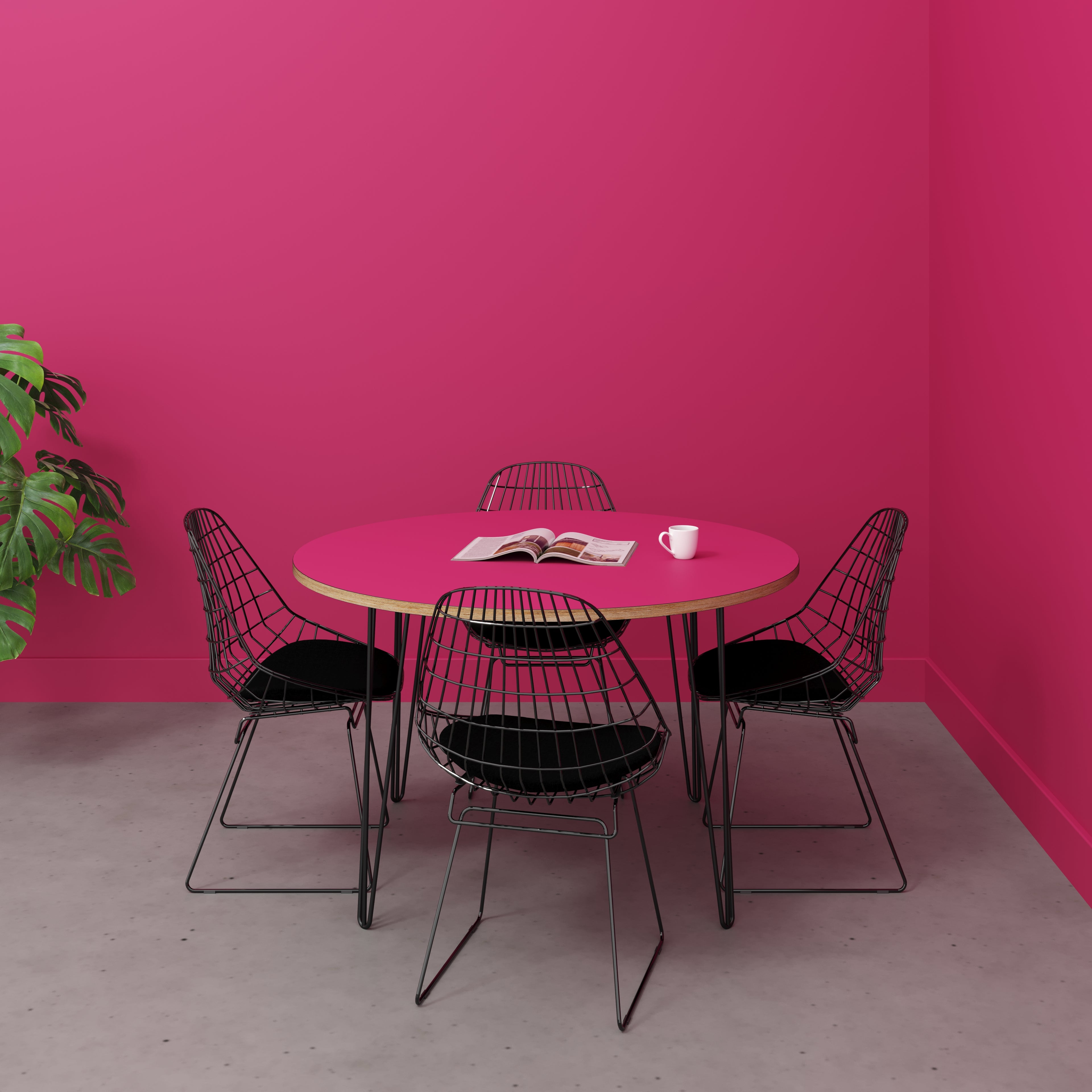 Round Table with Black Hairpin Legs - Formica Juicy Pink - 1200(dia) x 735(h)