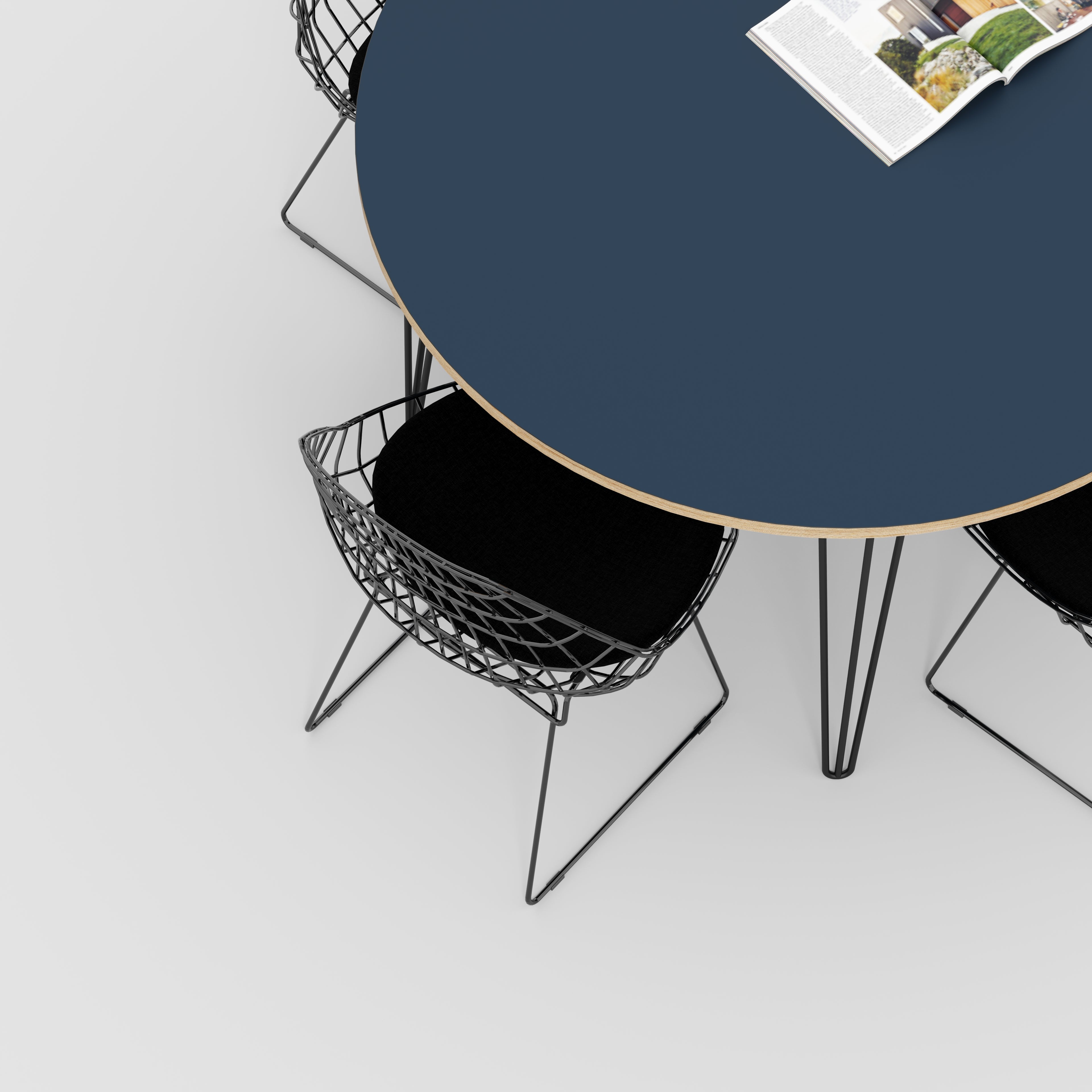 Round Table with Black Hairpin Legs - Formica Night Sea Blue - 1200(dia) x 735(h)