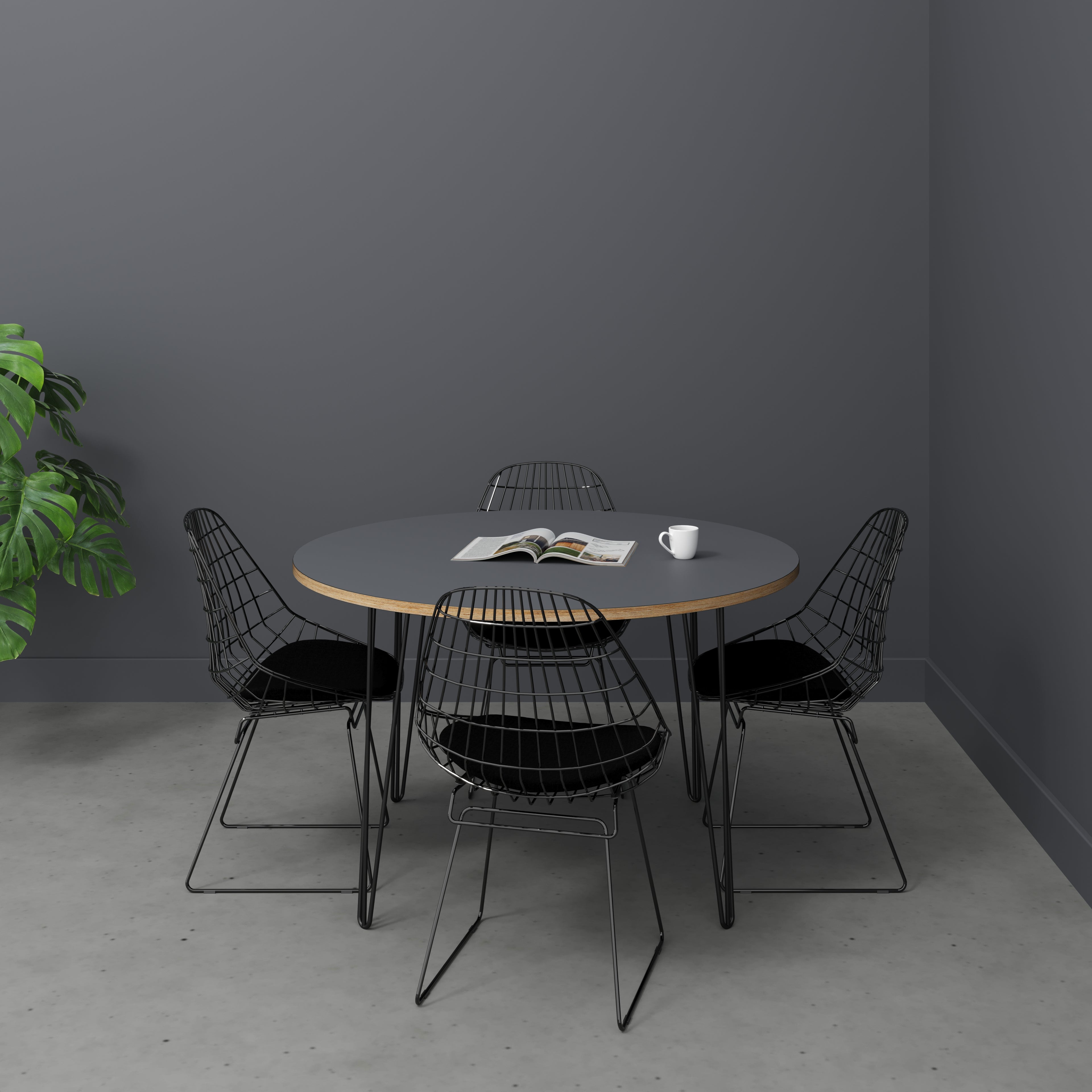 Round Table with Black Hairpin Legs - Formica Tornado Grey - 1200(dia) x 735(h)