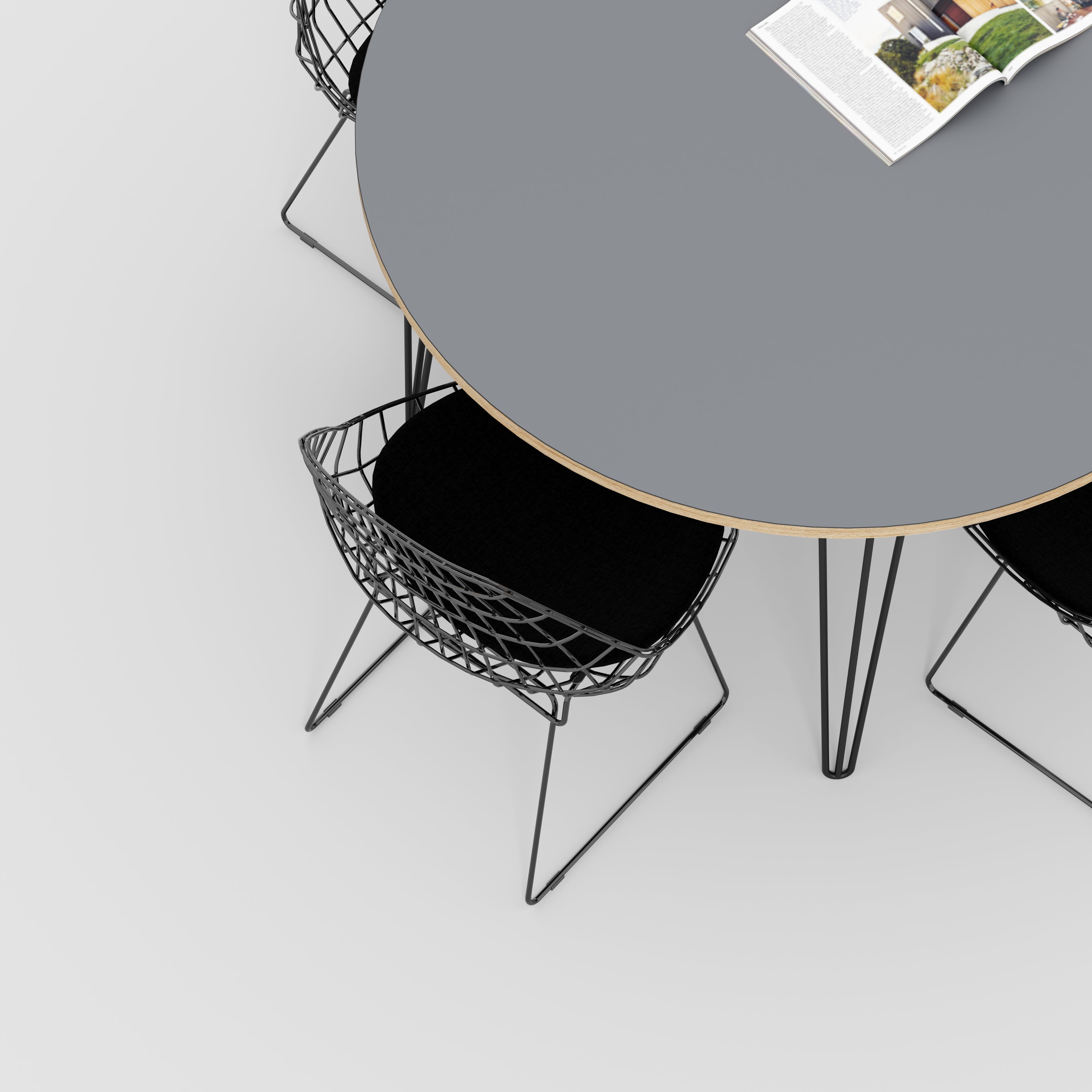 Round Table with Black Hairpin Legs - Formica Tornado Grey - 1200(dia) x 735(h)