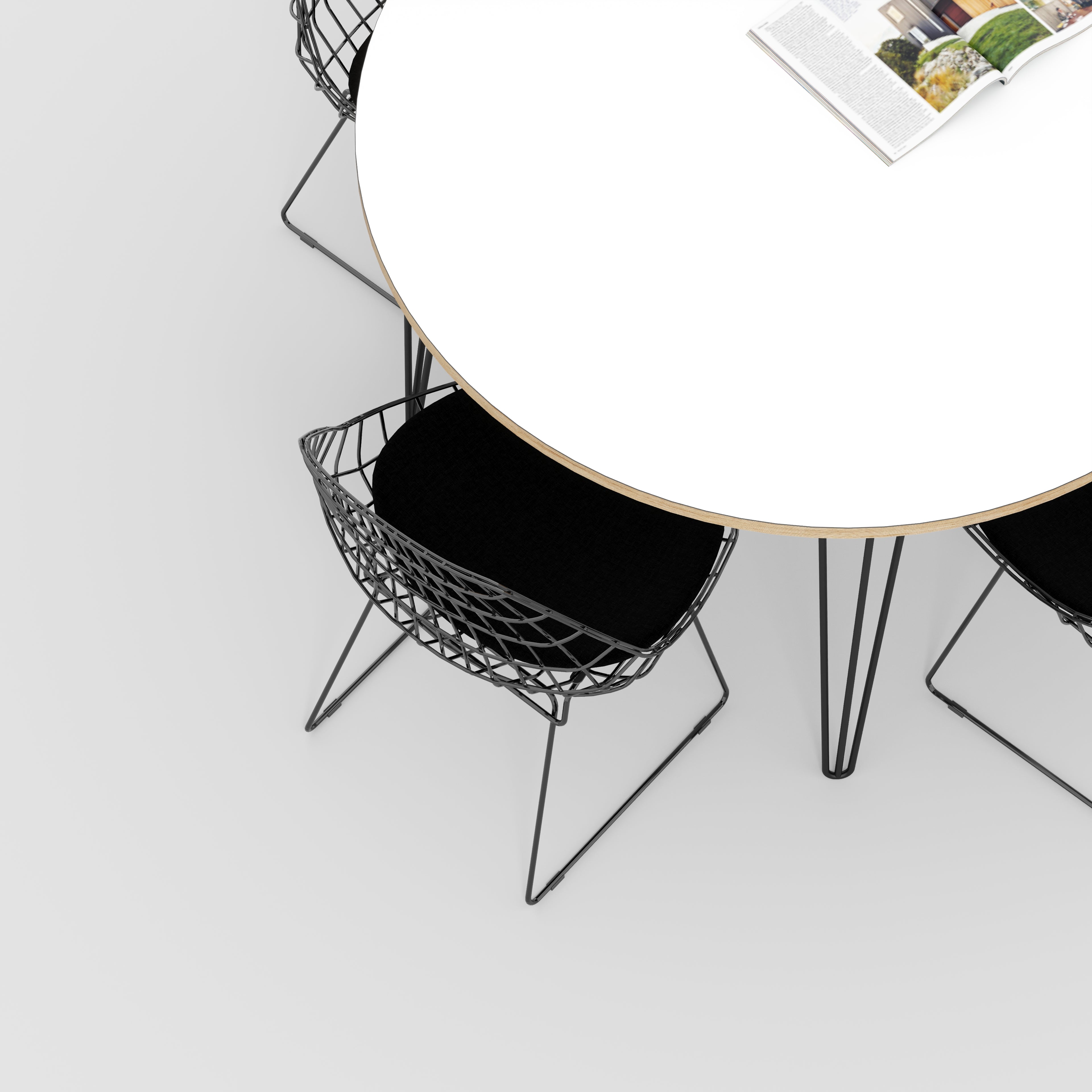 Round Table with Black Hairpin Legs - Formica White - 1200(dia) x 735(h)