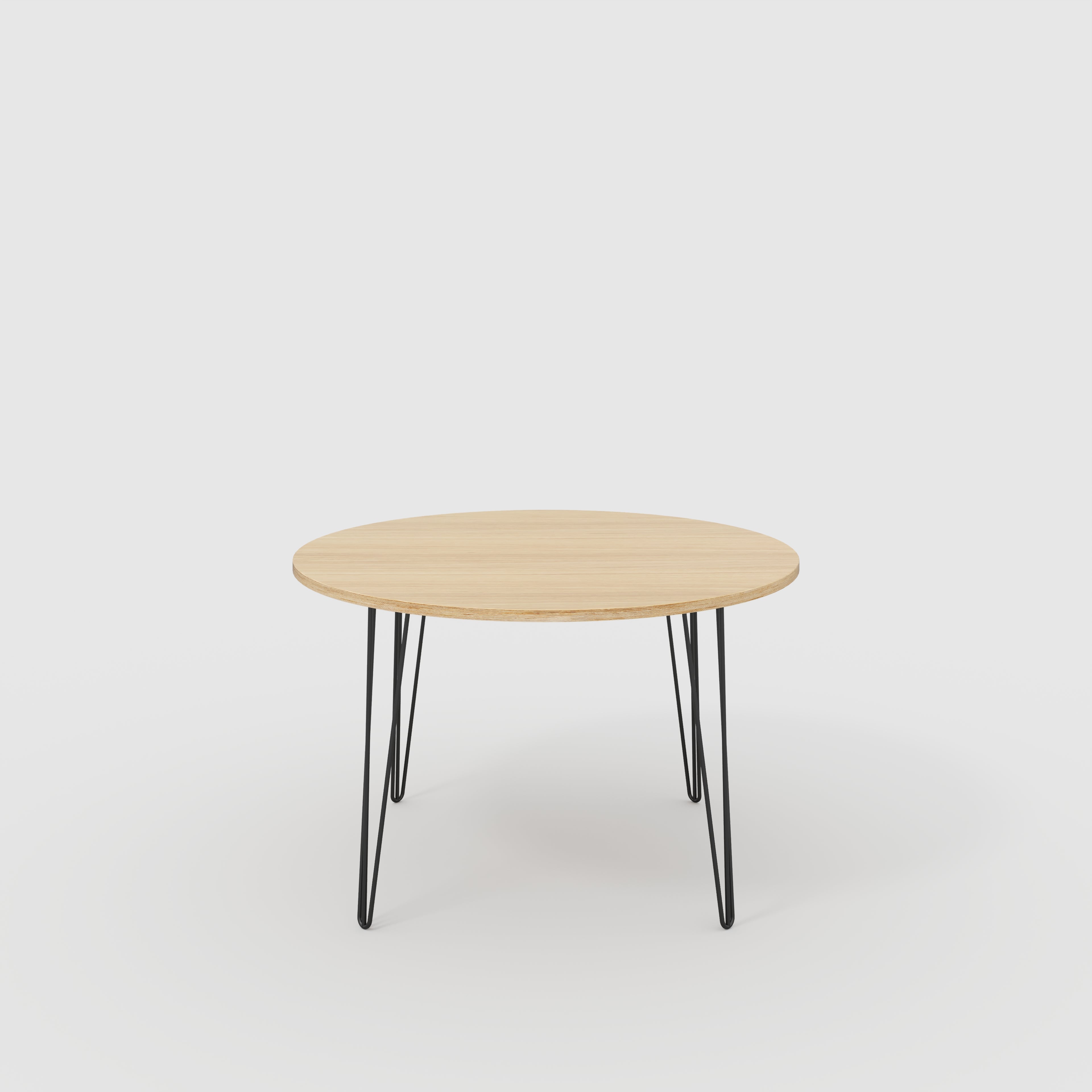Round Table with Black Hairpin Legs - Plywood Oak - 1200(dia) x 735(h)