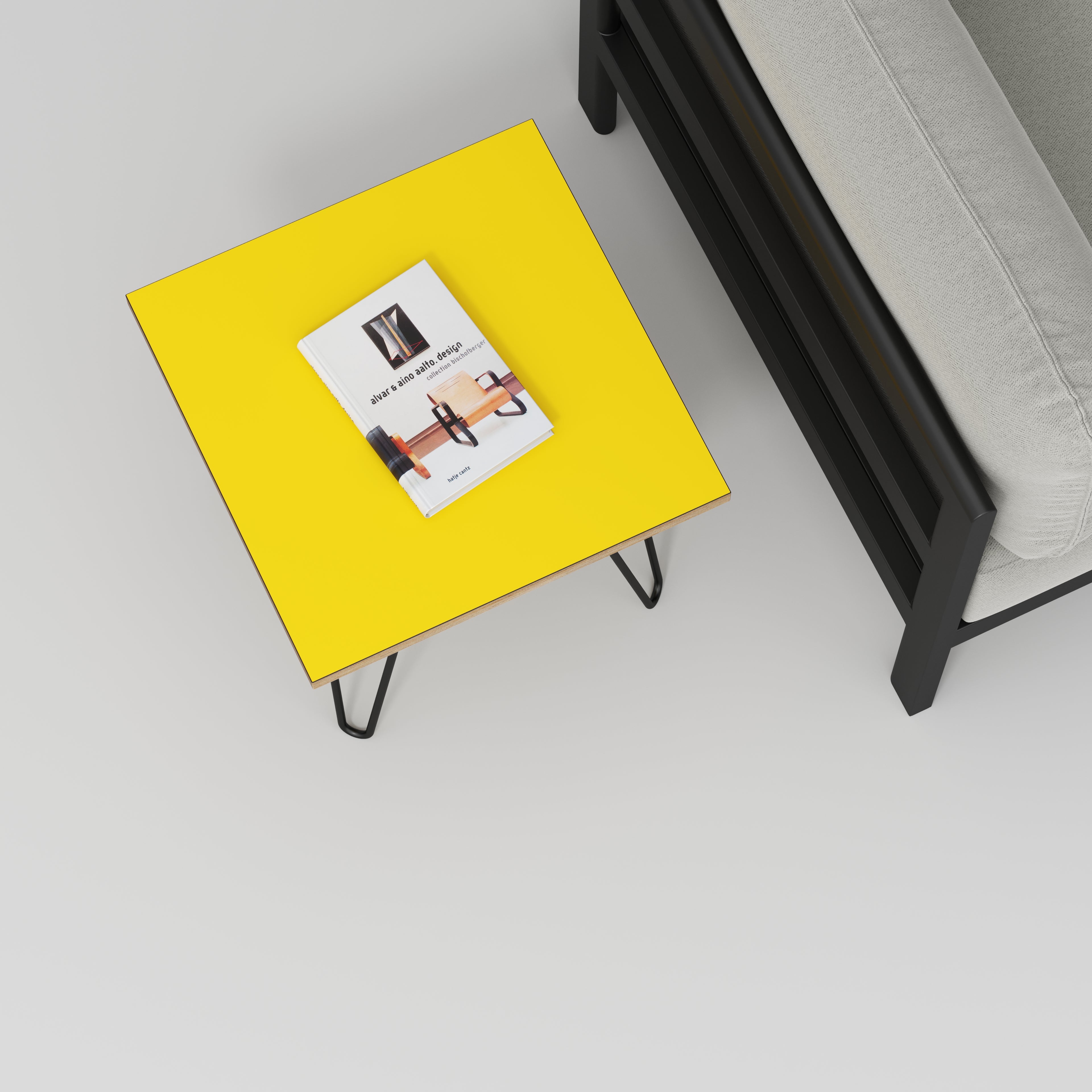 Side Table with Black Hairpin Legs - Formica Chrome Yellow - 500(w) x 500(d) x 425(h)