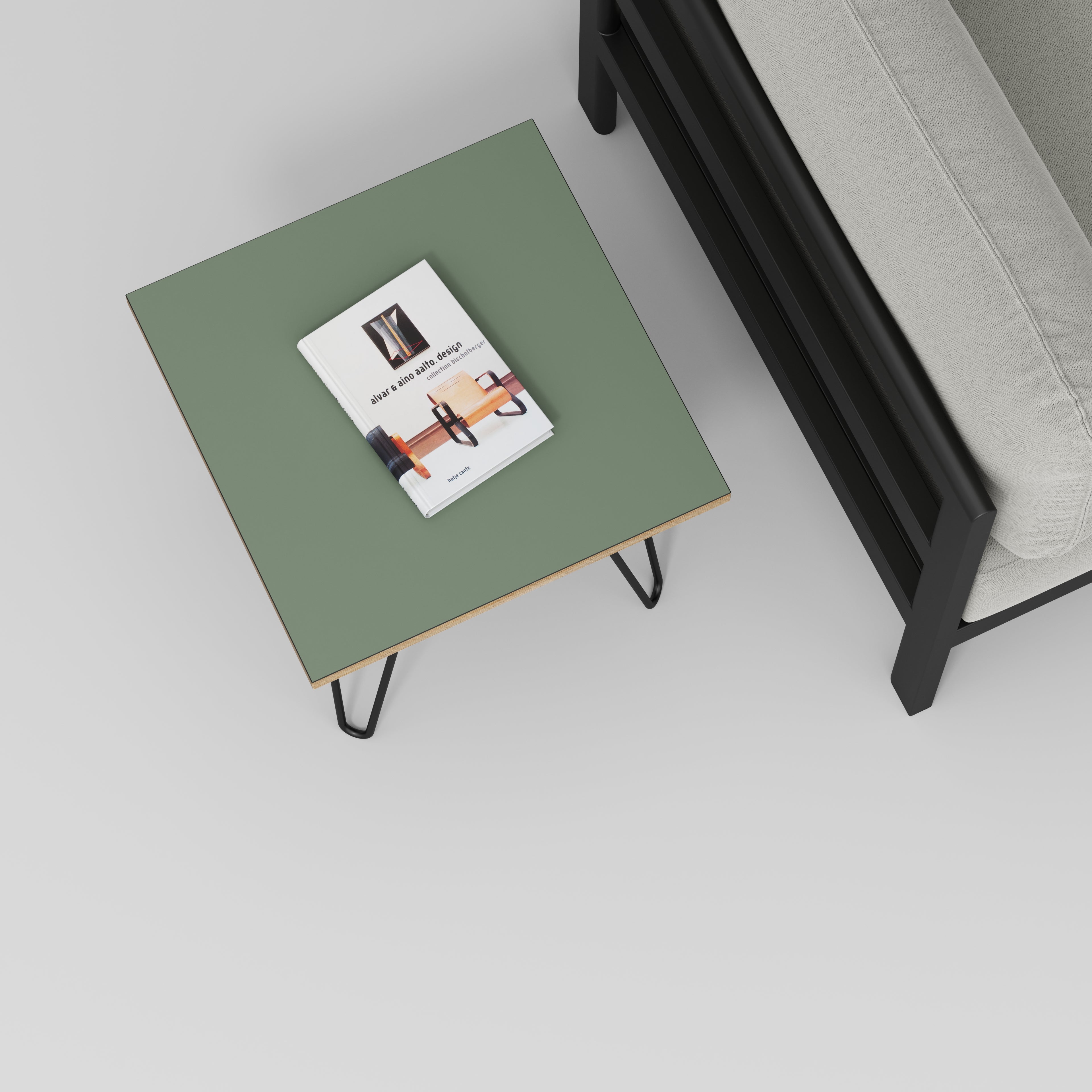 Side Table with Black Hairpin Legs - Formica Green Slate - 500(w) x 500(d) x 425(h)