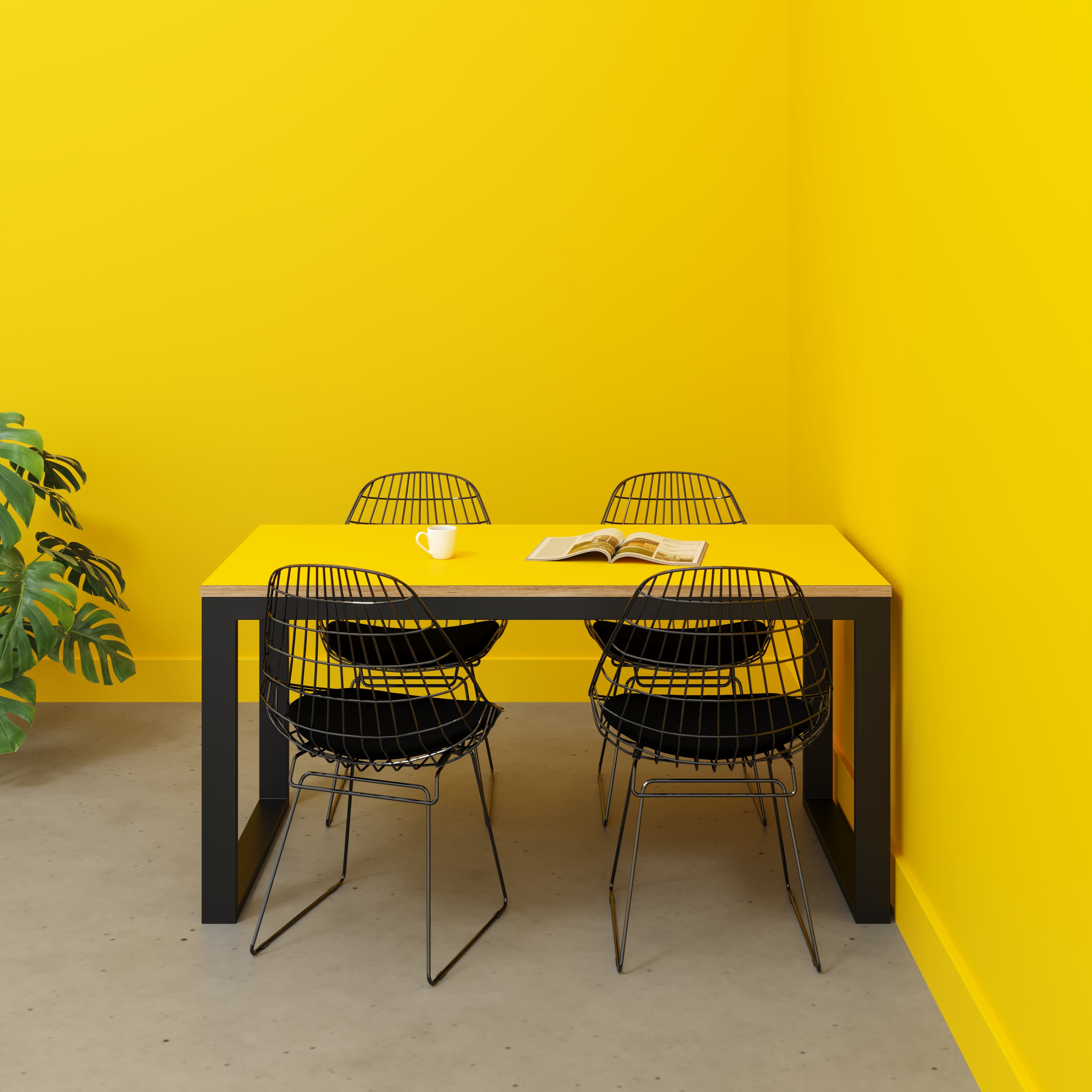 Table with Black Industrial Frame - Formica Chrome Yellow - 1500(w) x 745(d) x 735(h)