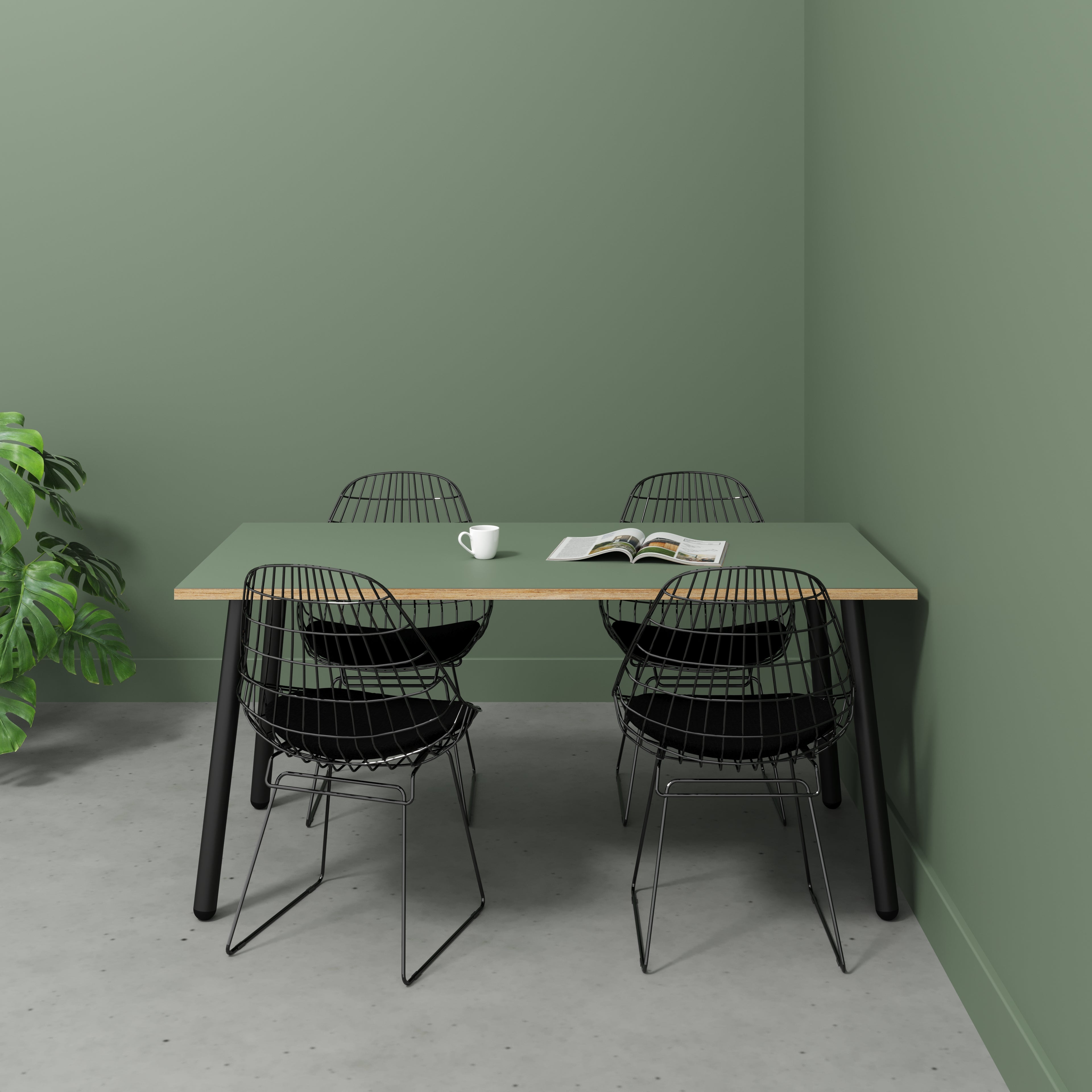Table with Black Round Single Pin Legs - Formica Green Slate - 1600(w) x 800(d) x 735(h)