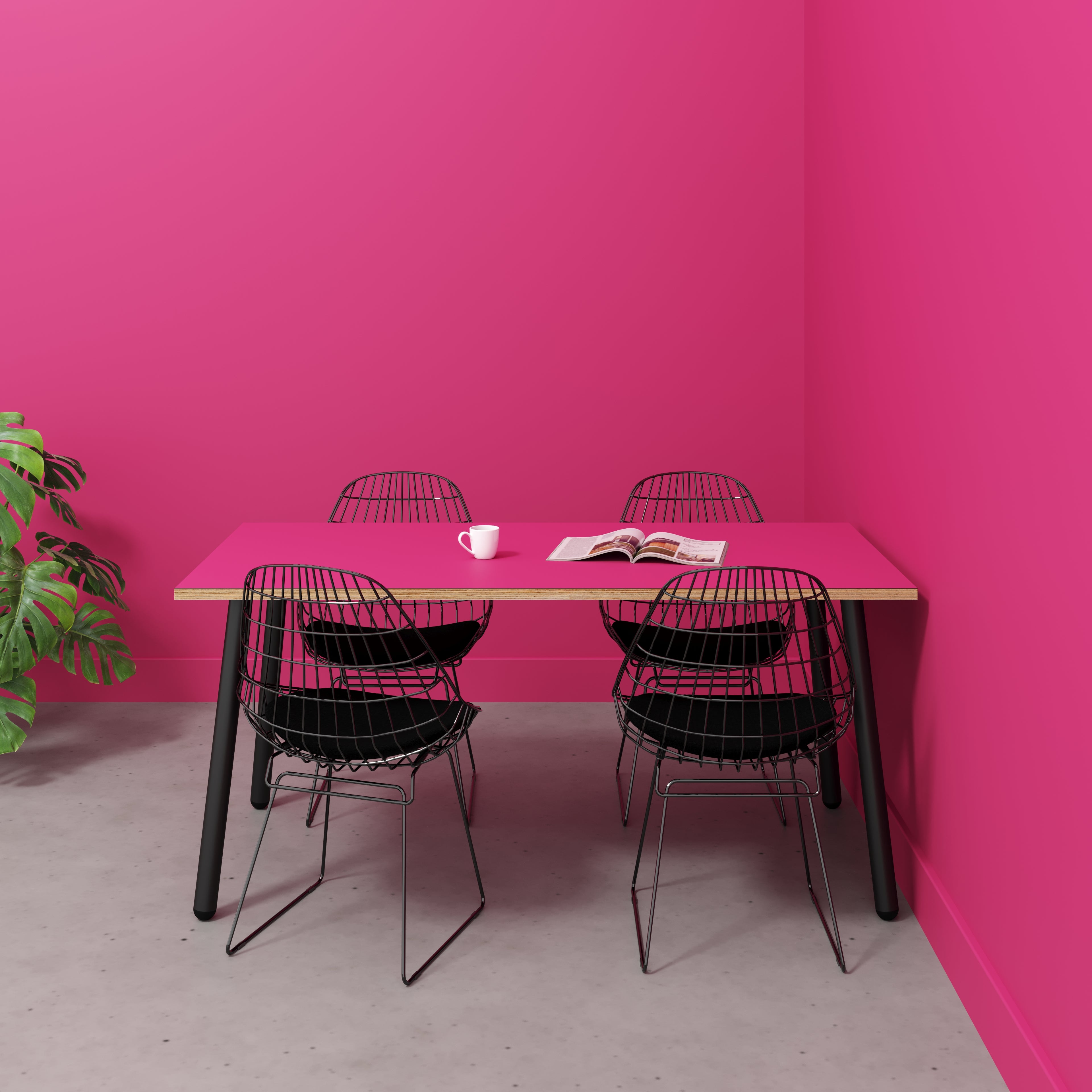 Table with Black Round Single Pin Legs - Formica Juicy Pink - 1600(w) x 800(d) x 735(h)