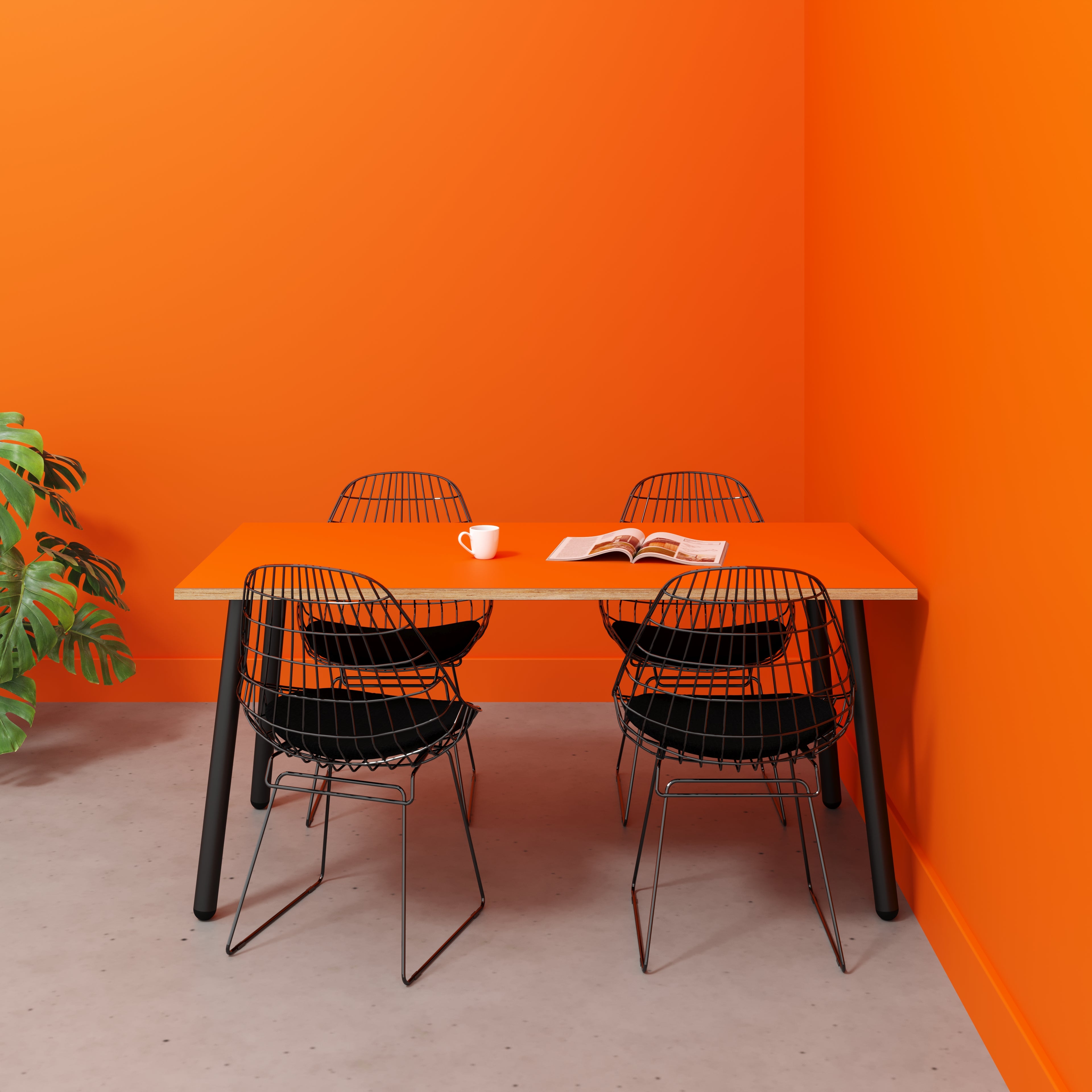 Table with Black Round Single Pin Legs - Formica Levante Orange - 1600(w) x 800(d) x 735(h)