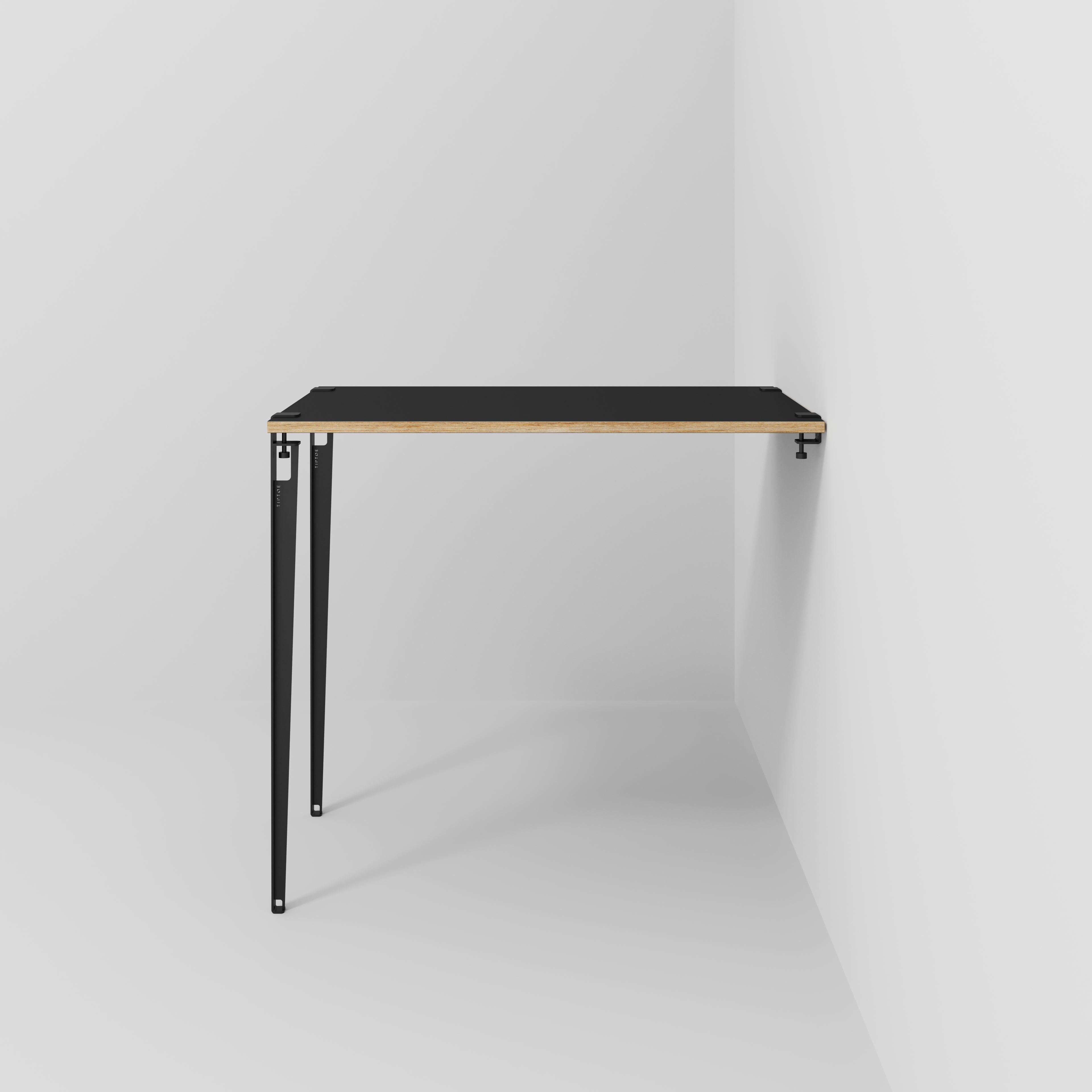 Wall Table with Black Tiptoe Legs and Brackets - Formica Diamond Black - 1200(w) x 800(d) x 1100(h)