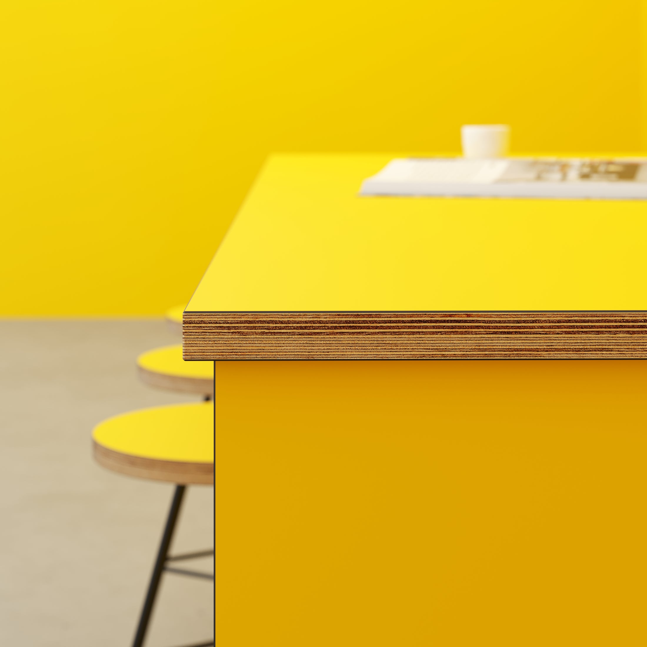 Plywood Bench Seat with Black Hairpin Legs - Formica Chrome Yellow - 1